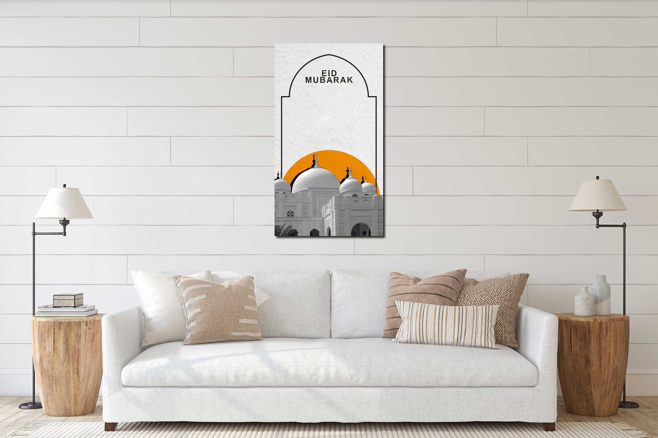 Modern Eid Mubarak greeting card featuring a mosque silhouette against an orange sunset, framed by an arched border interior mockup