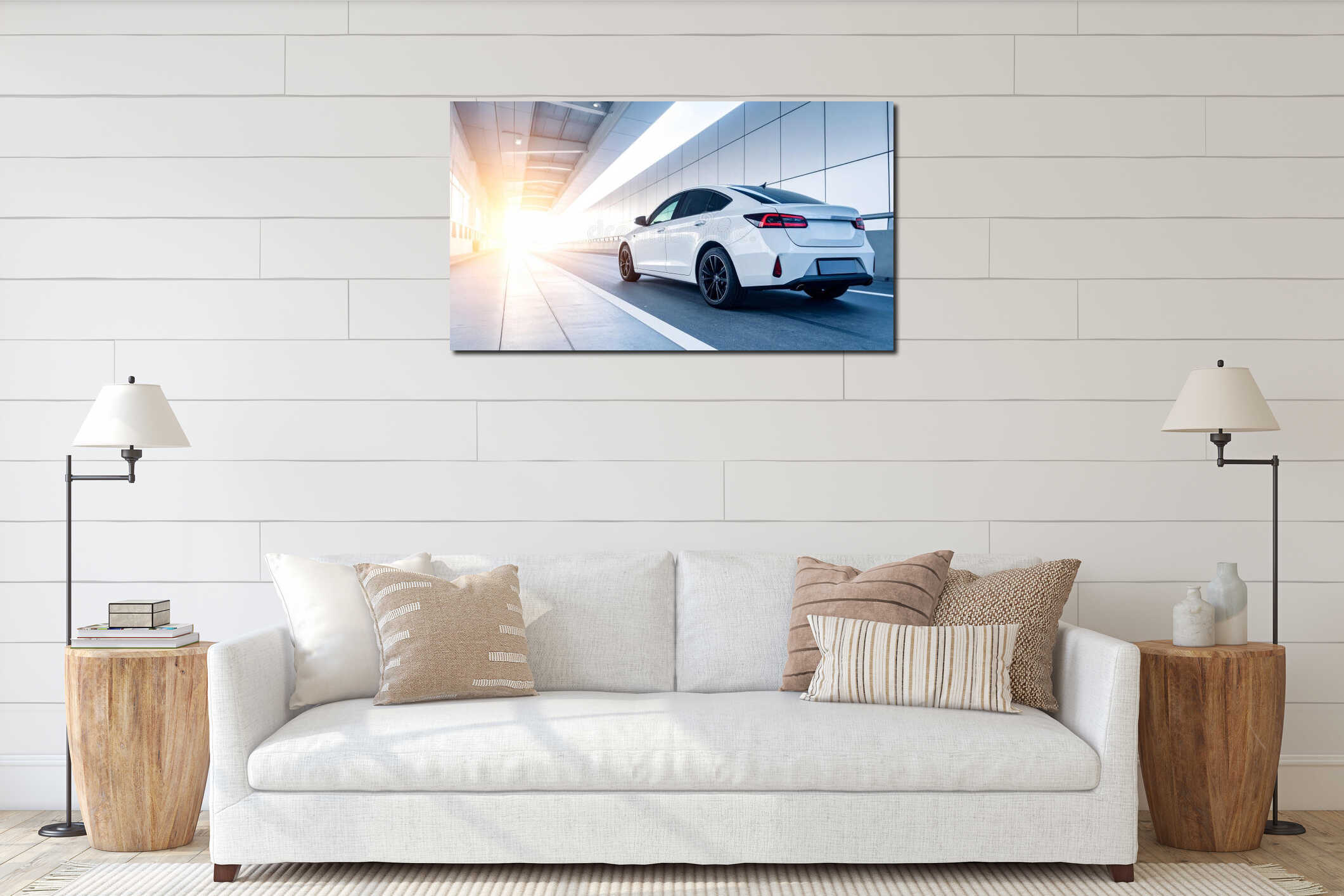 White sedan driving through a modern tunnel with bright sunlight. interior mockup
