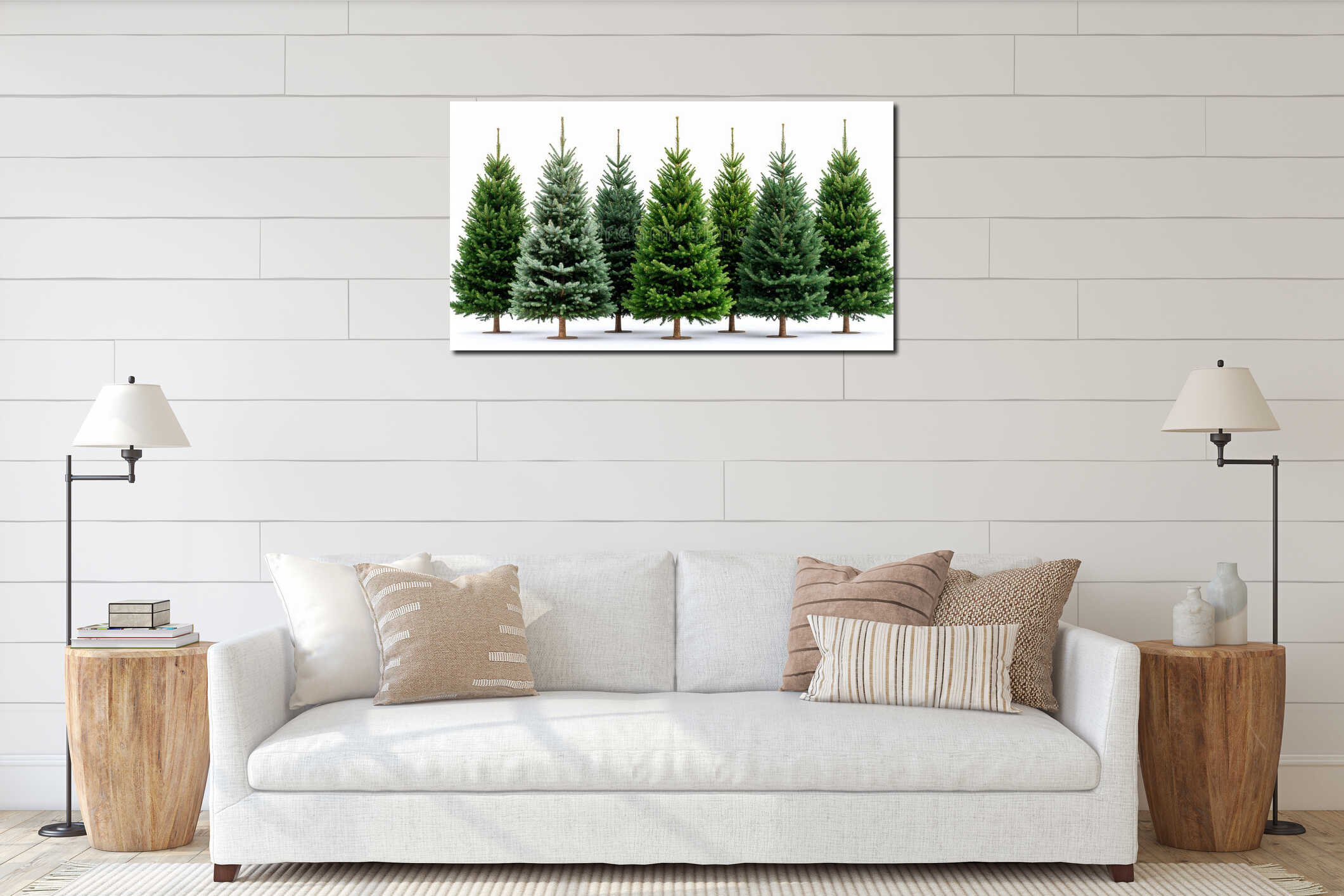 Group of freshly cut evergreen Christmas trees on white background interior mockup
