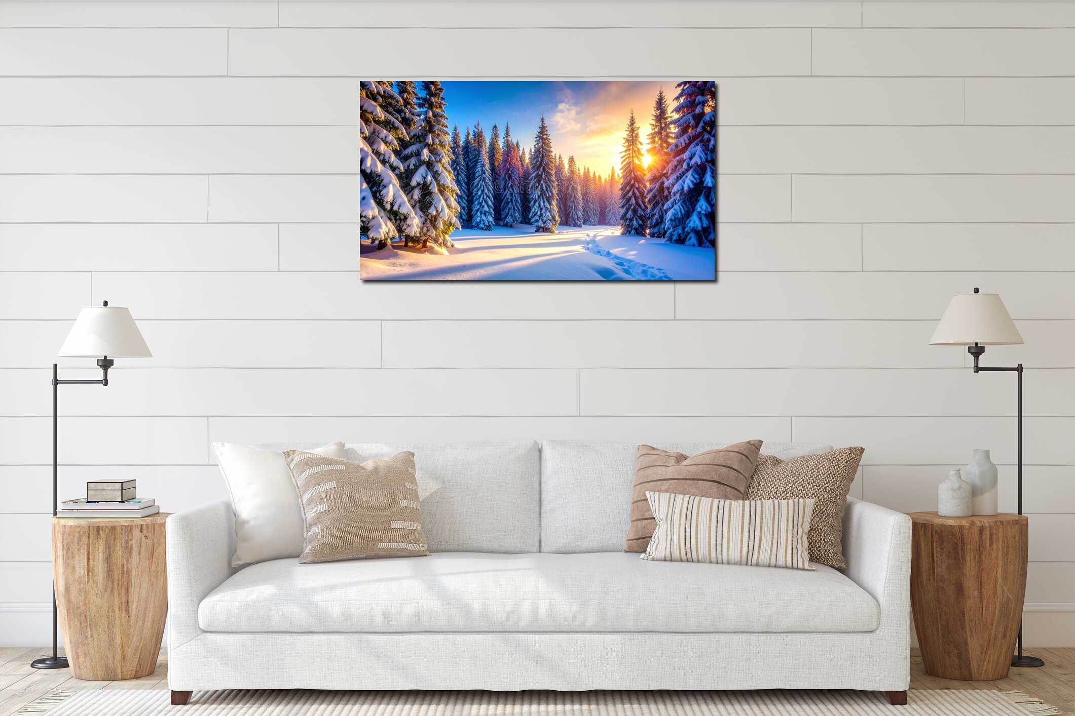 Winter landscape with snow-covered pine trees, sunlight and a trail through the forest. interior mockup