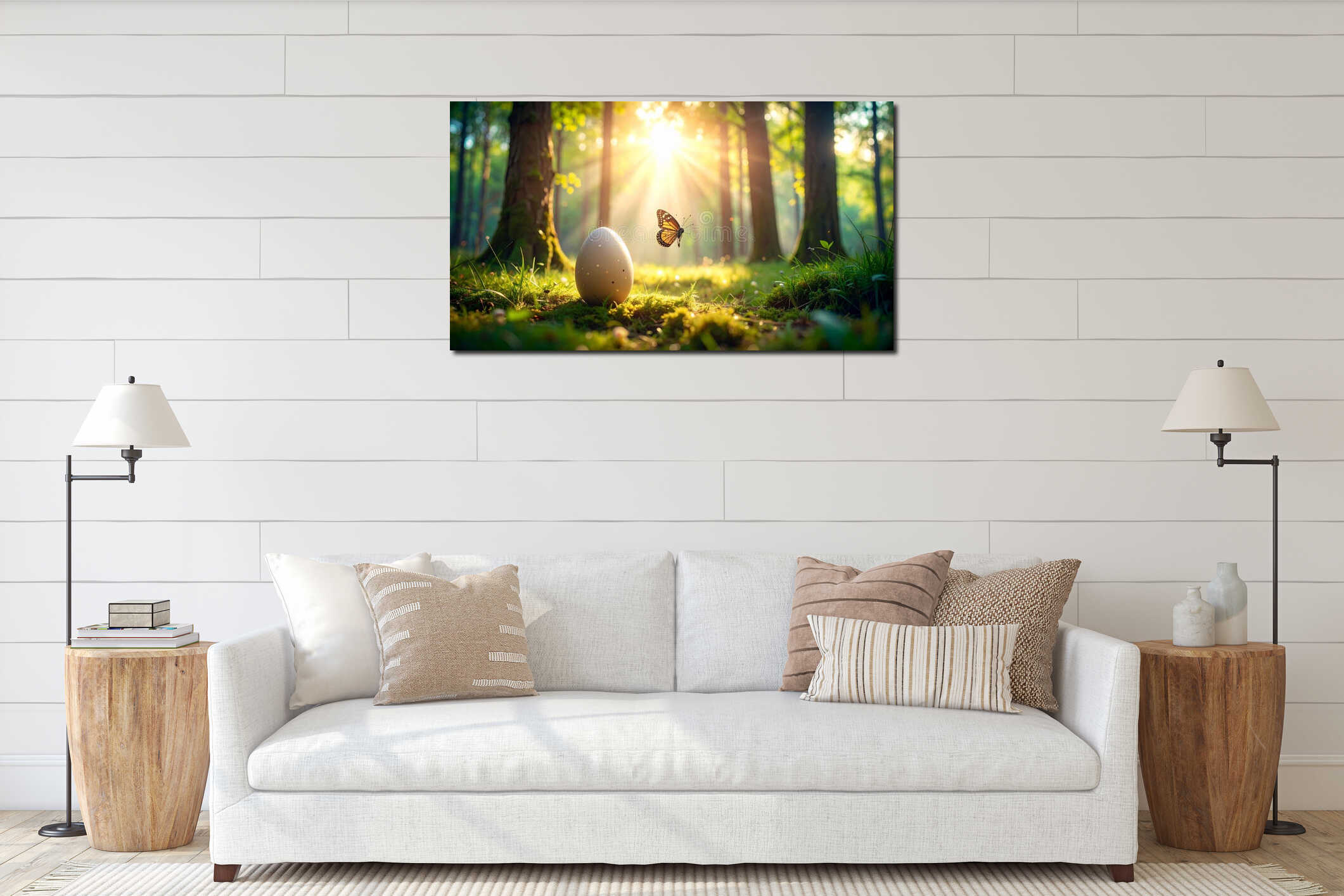 Butterfly and Easter egg in sunlit forest scene spring nature interior mockup