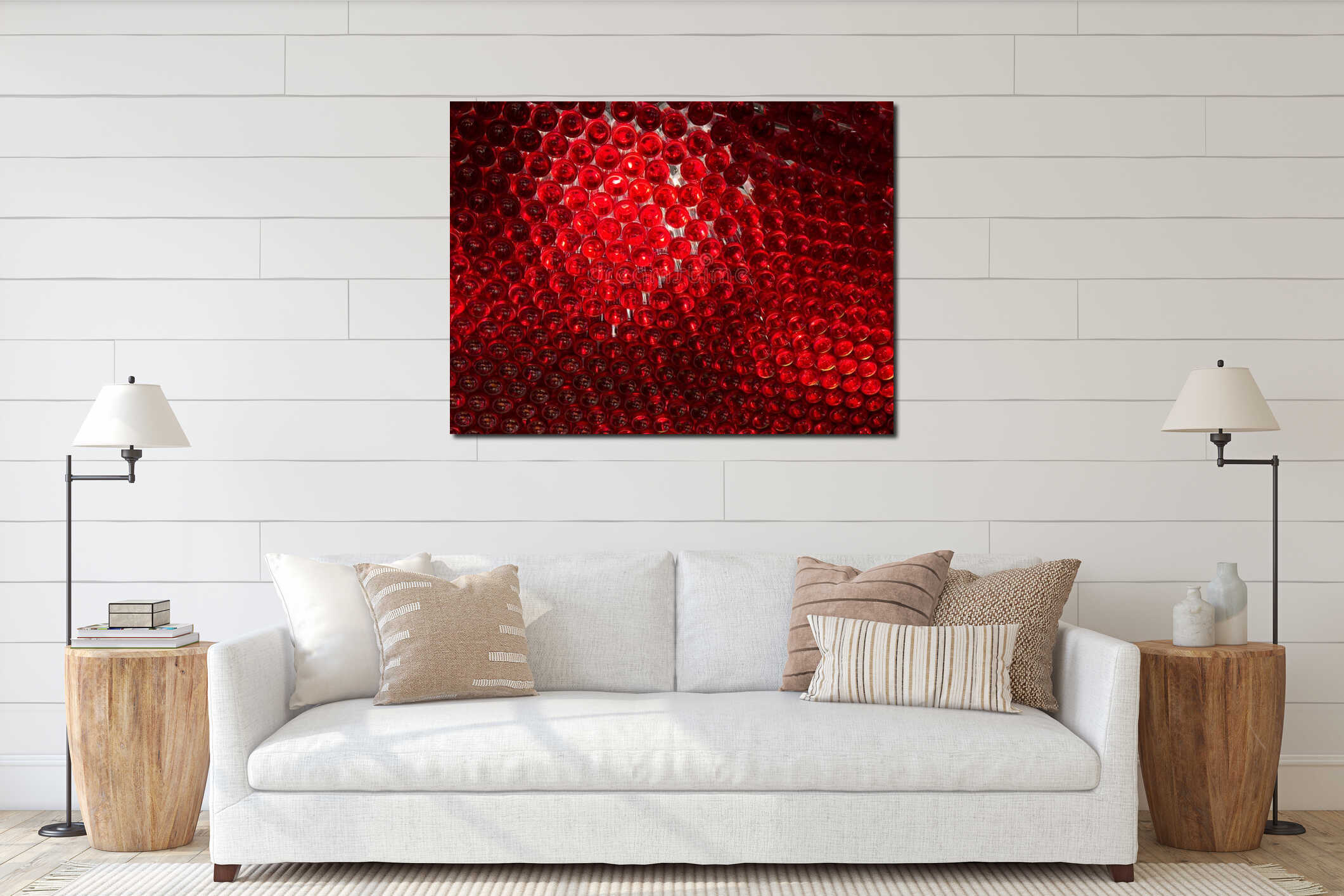 Abstract pattern of illuminated red glass bottle bottoms forms a vibrant, textured background, ideal for beverage concepts or interior mockup