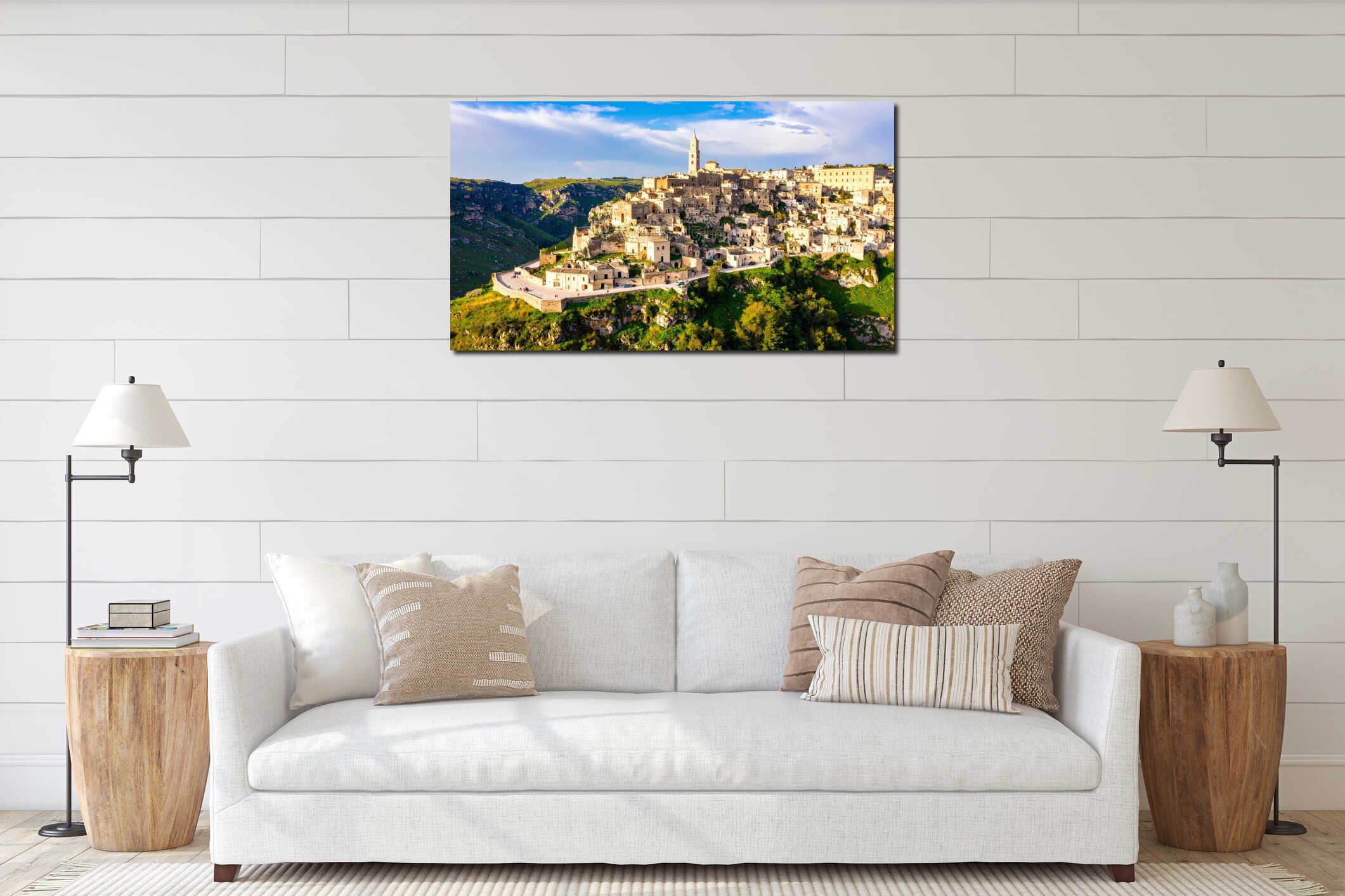 Scenic aerial view of ancient town with stone buildings and a tall church tower interior mockup