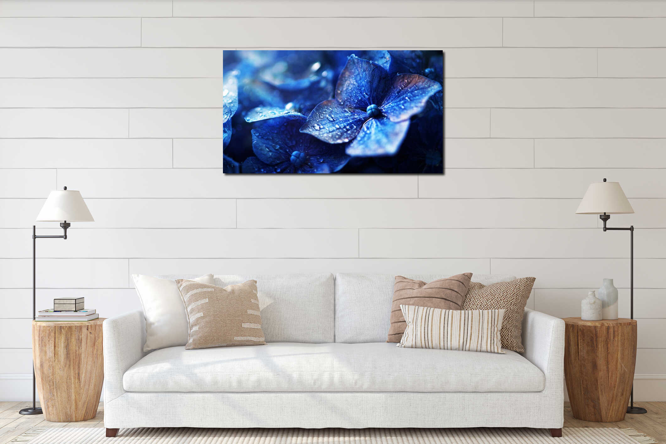 Blue hydrangea petals capturing freshness and natural beauty. Water droplets creating a sparkling, serene surface interior mockup
