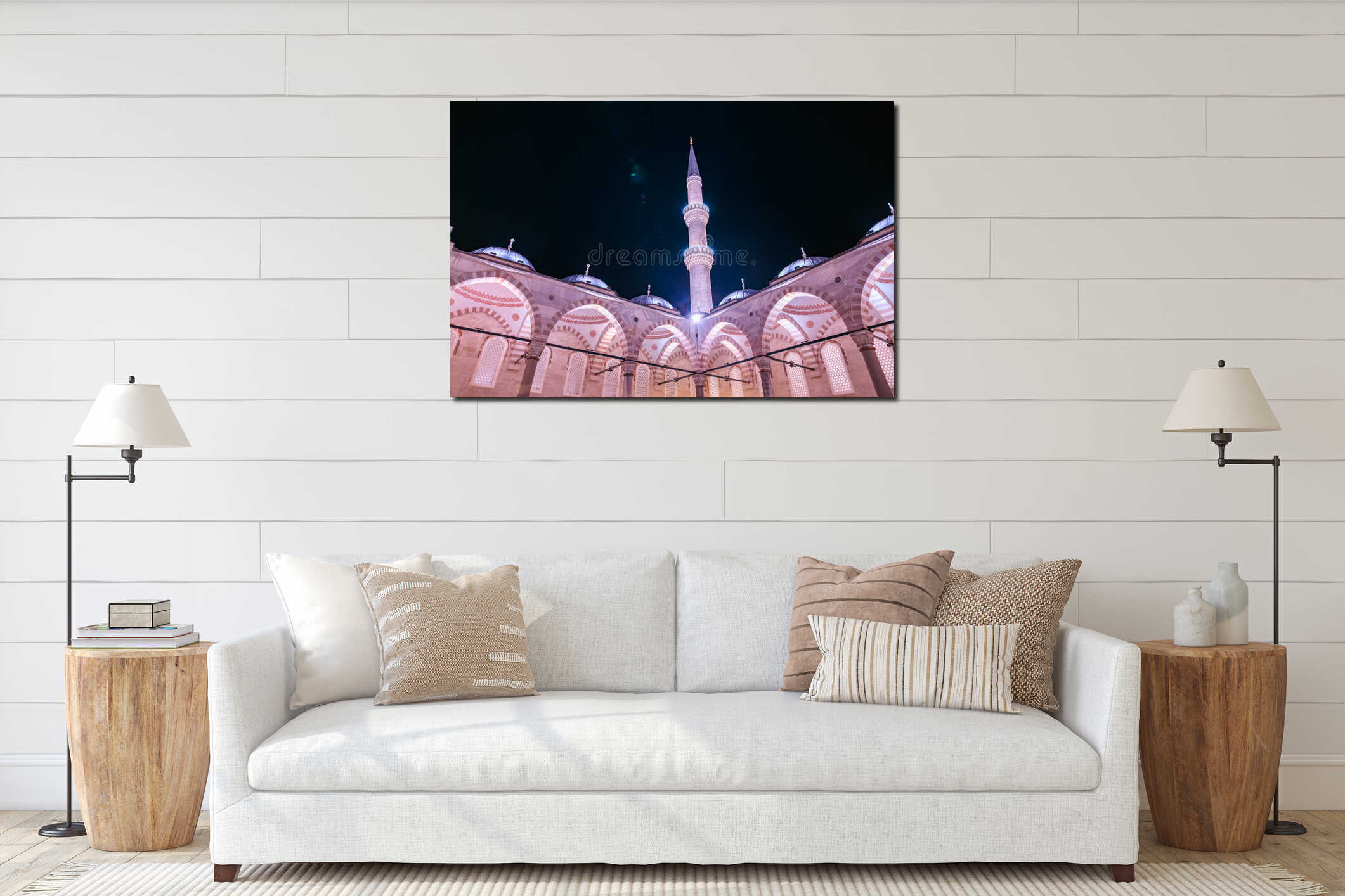 Illuminated mosque minaret at night with architectural details interior mockup