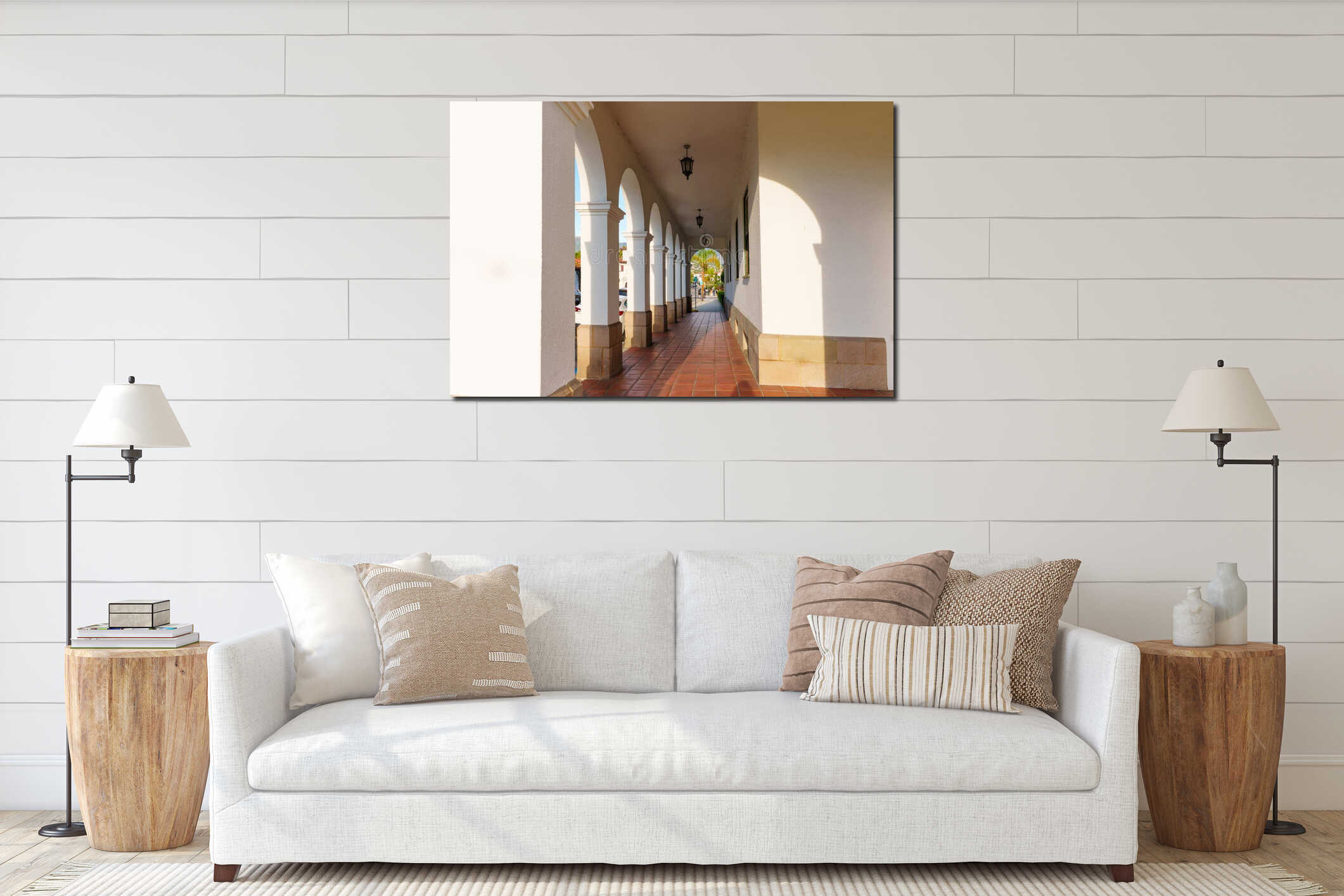 Sunlit Corridor of White Arches and Terracotta Tiles interior mockup