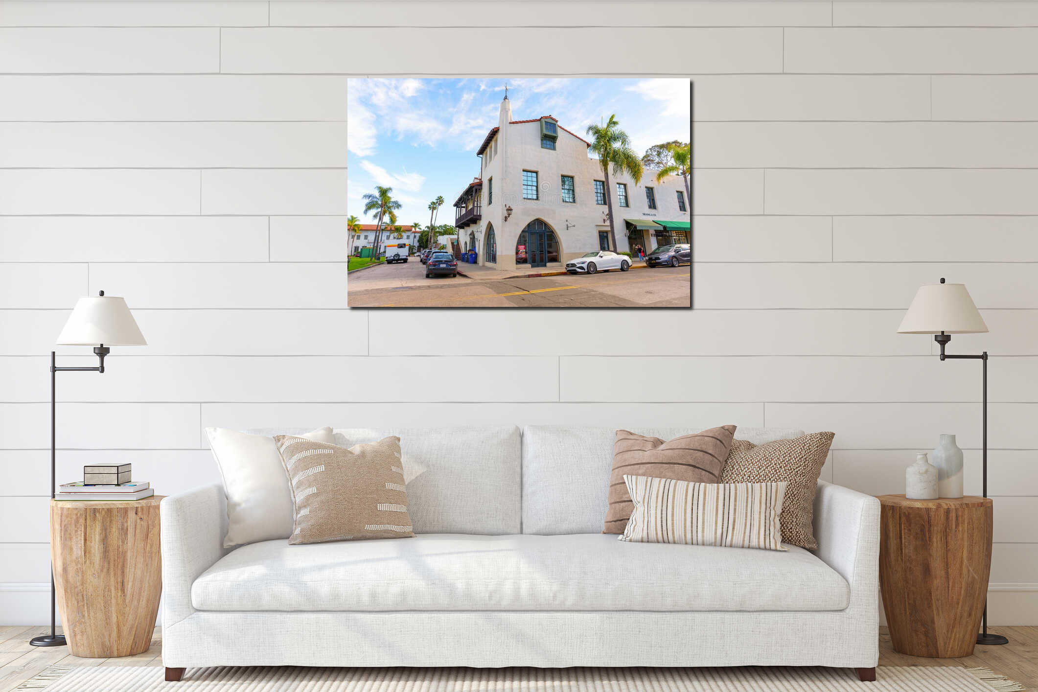 Santa Barbara, California - December 29, 2025: Santa Barbara Shopping District with Unique Architecture interior mockup