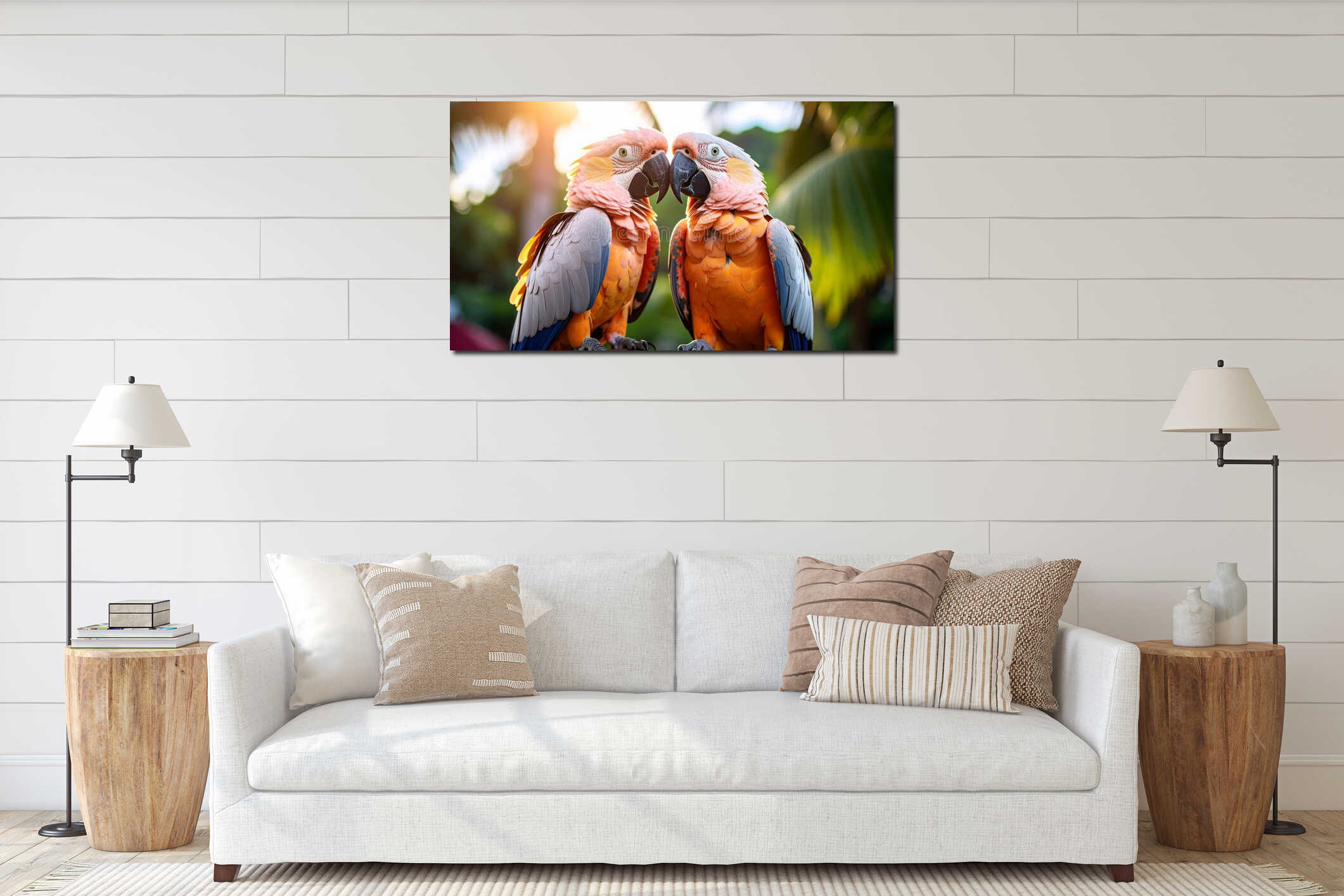 Two colorful parrots perched together in a tropical environment with sunlight interior mockup
