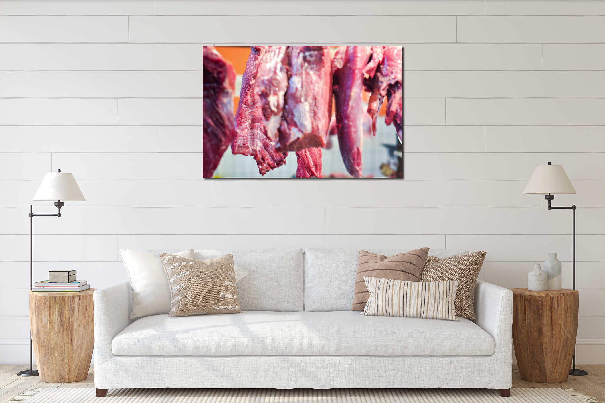 Extreme Close Up of Fresh Raw Red Beef Texture with Soft Blur Background, Organic Hanging Meat for Gastronomy Culinary Background interior mockup