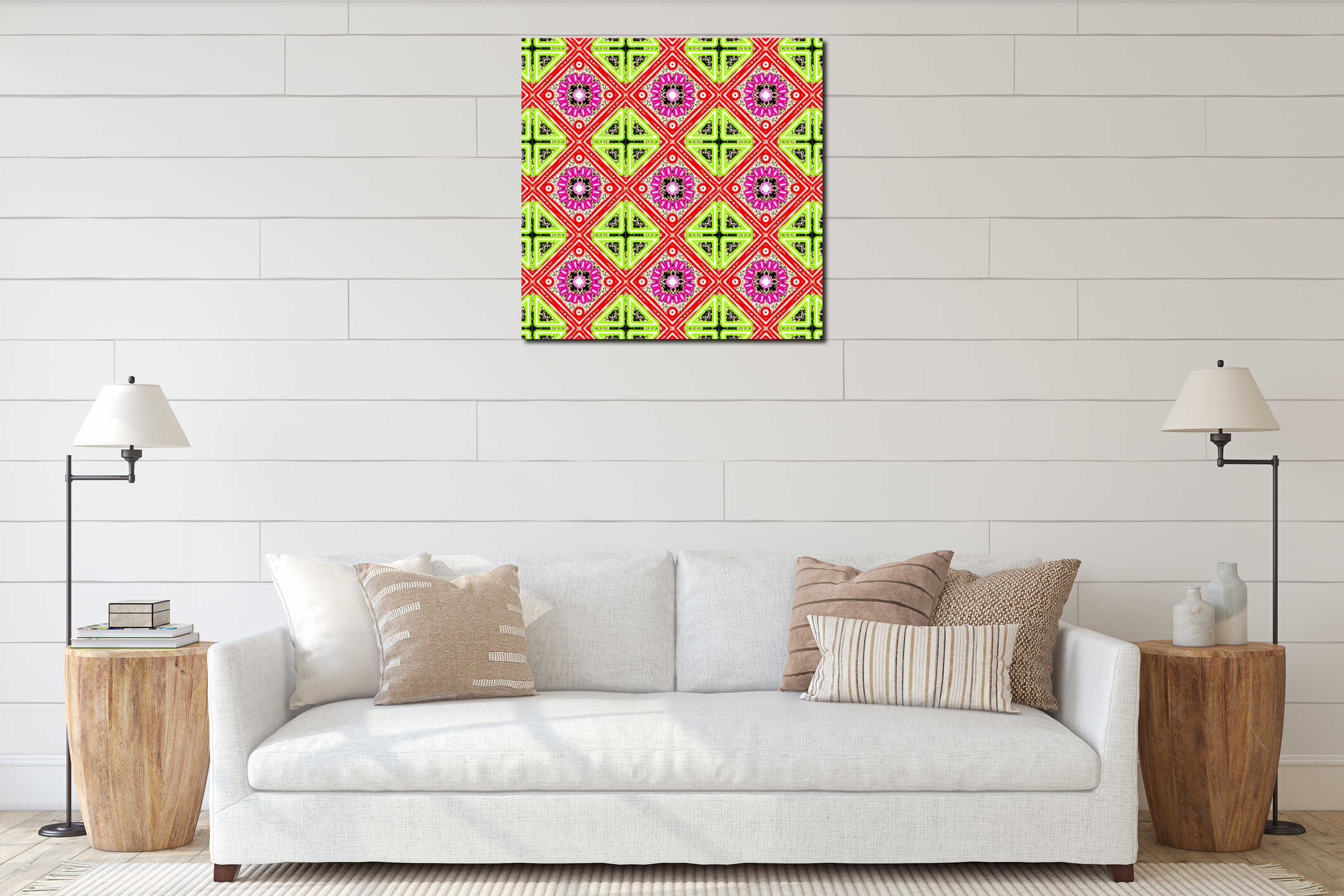 Vibrant Tribal Geometric Seamless Pattern with Neon Accents. interior mockup
