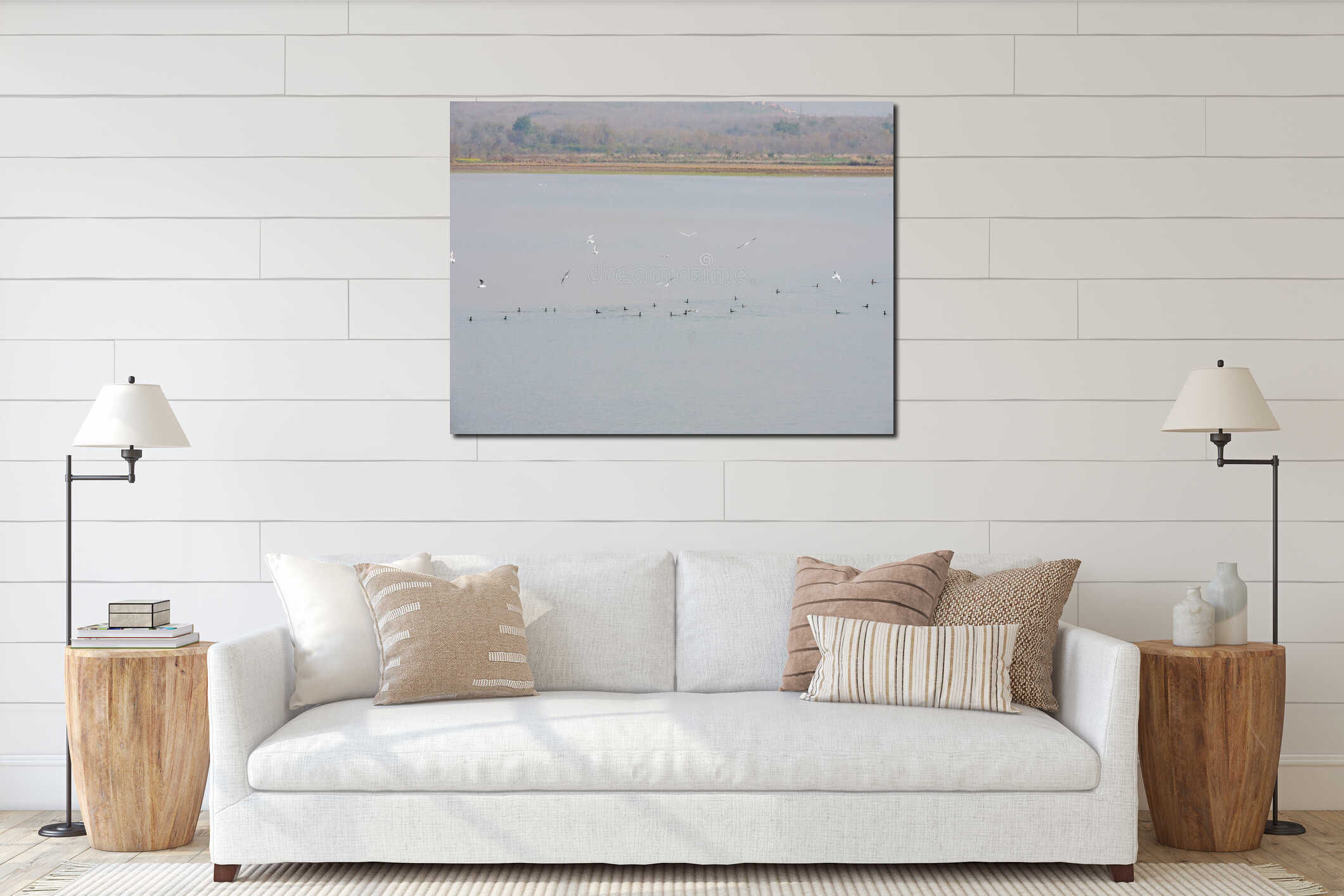 a flock of migratory water birds on a large lake, similar to sights found in wetlands in Pakistan during winter. interior mockup