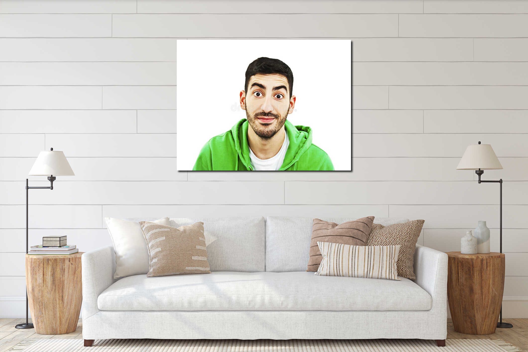 Portrait of handsome young thoughtful man interior mockup