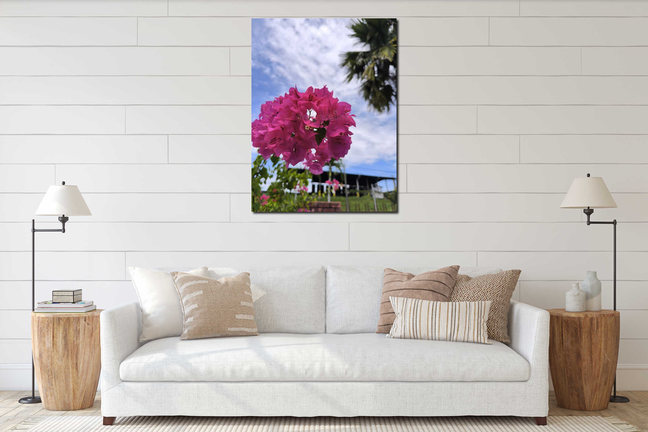 Vibrant Pink Bougainvillea Flowers under Blue Sky interior mockup