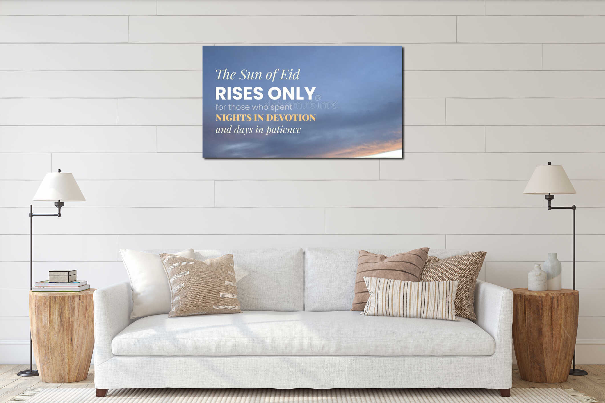 An inspirational religious quote appears over a horizontal, wide-angle sunrise sky background. The text states the sun interior mockup