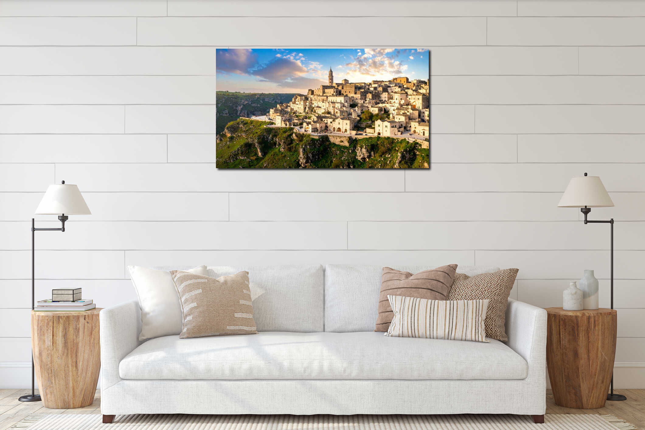Scenic aerial view of ancient Italian town perched on a cliffside with historic architecture interior mockup