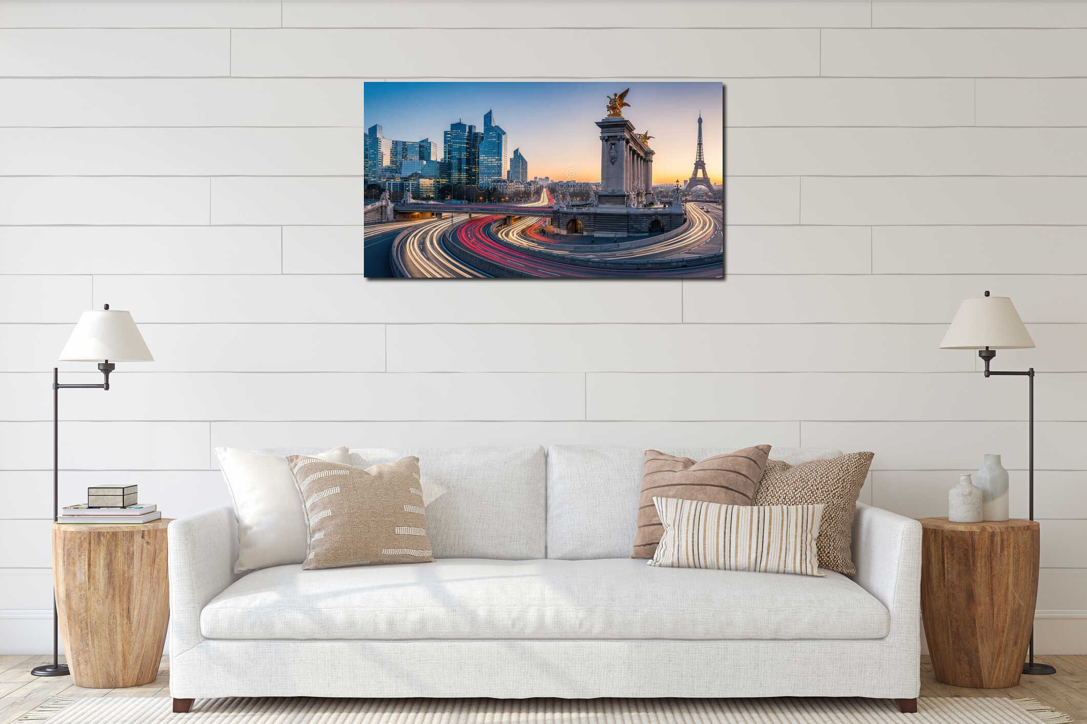 Paris Cityscape with Arc de Triomphe and Eiffel Tower at Sunset interior mockup