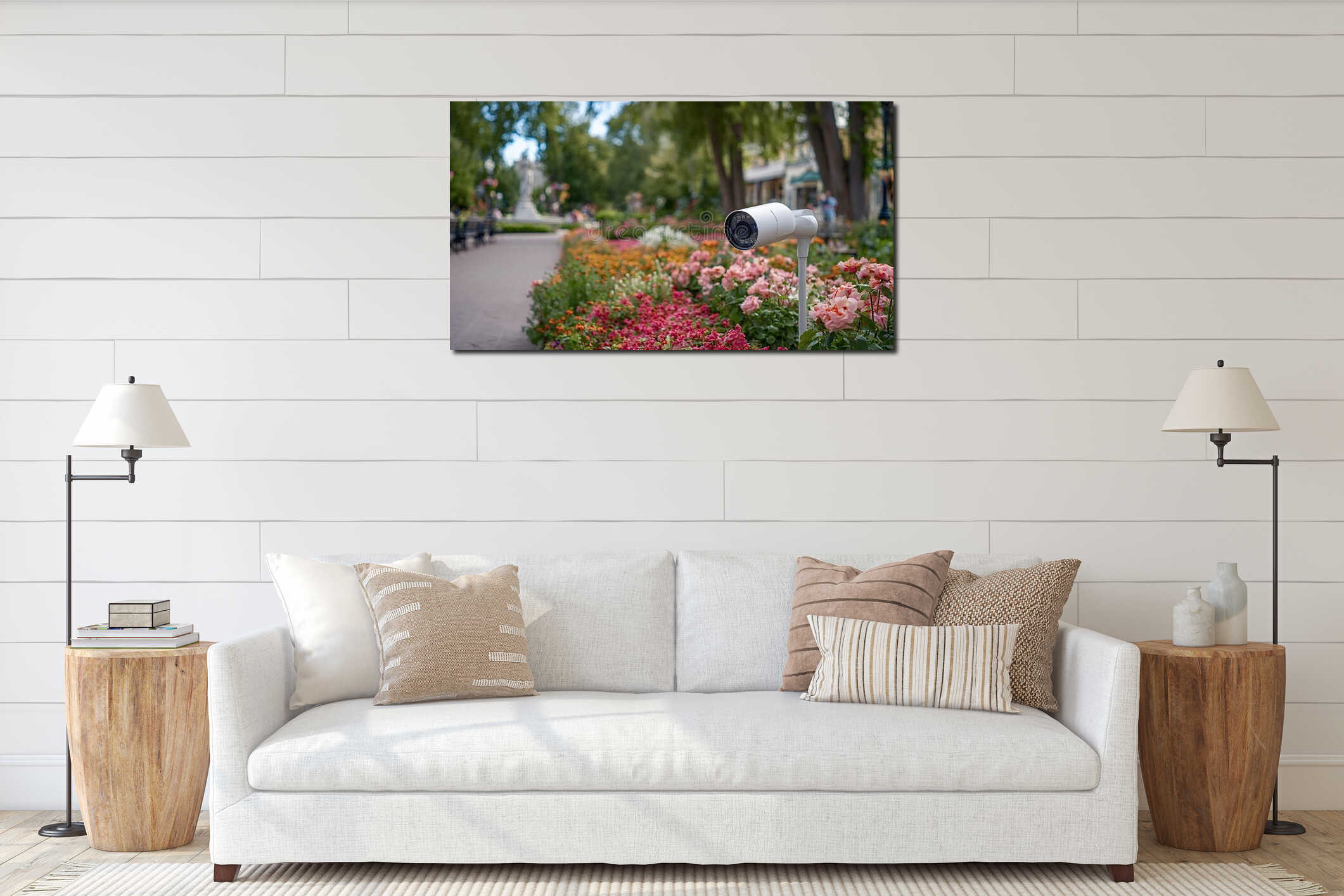 Security camera monitoring public park with blooming flowers interior mockup