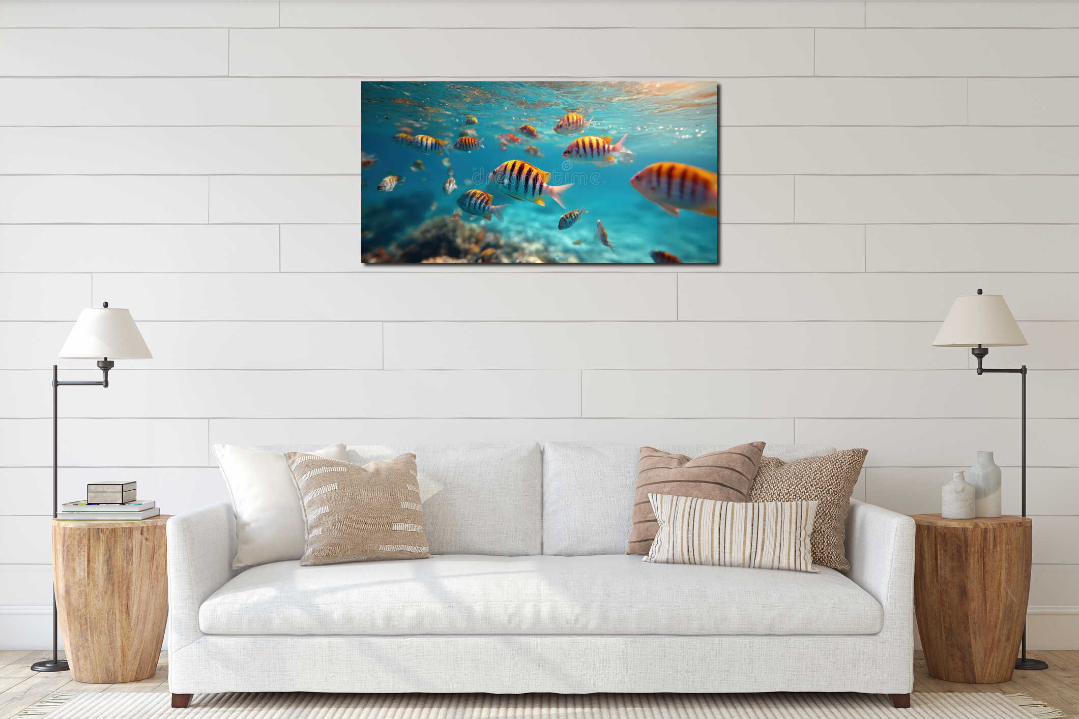 Vibrant School of Tropical Sergeant Major Fish Swimming in Clear Blue Turquoise Ocean Water Over a Coral Reef Sunbeams Shining interior mockup