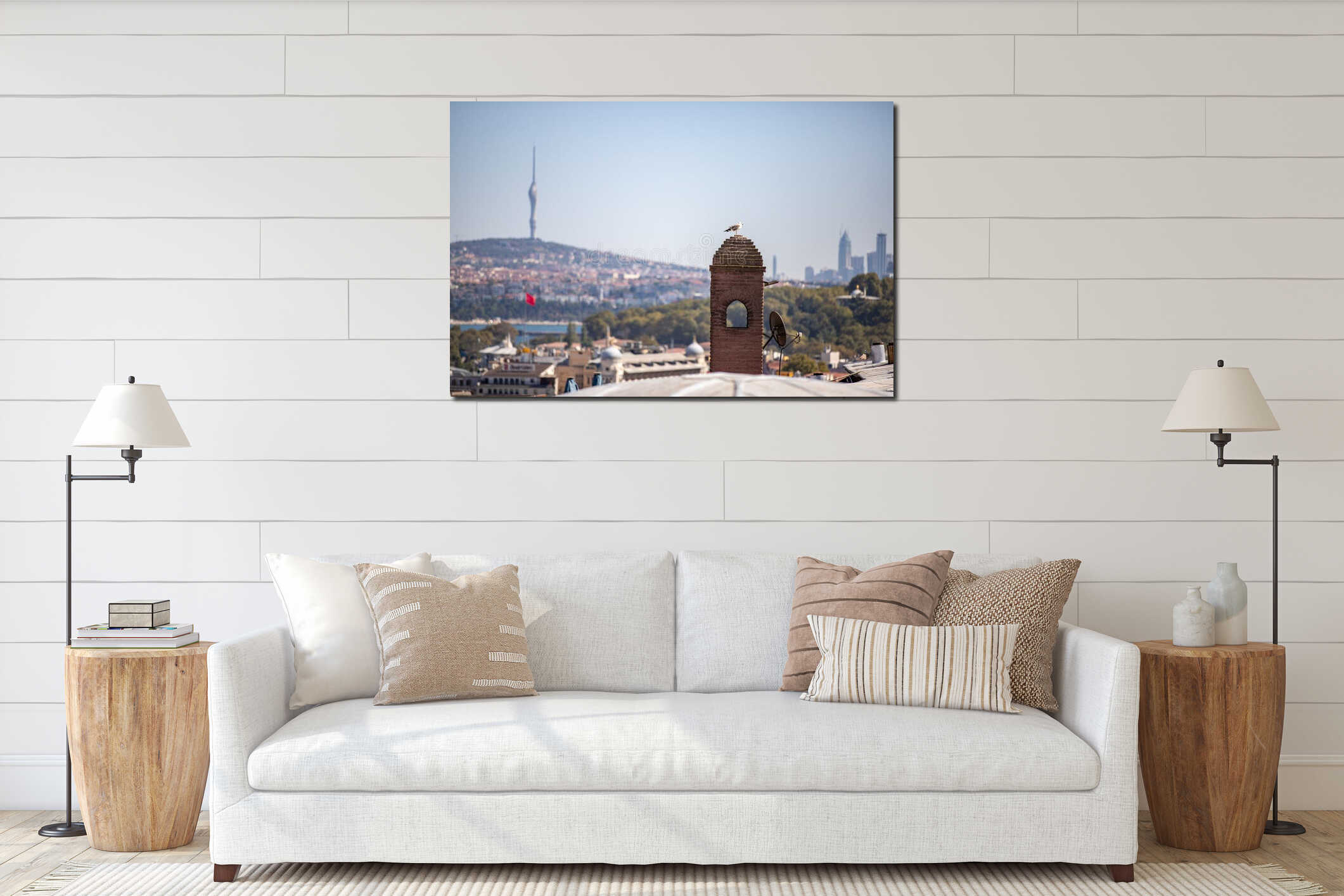 View of Istanbul from Suleymaniye Mosque with a seagull sittng on a chimney and a huge television tower on the background interior mockup
