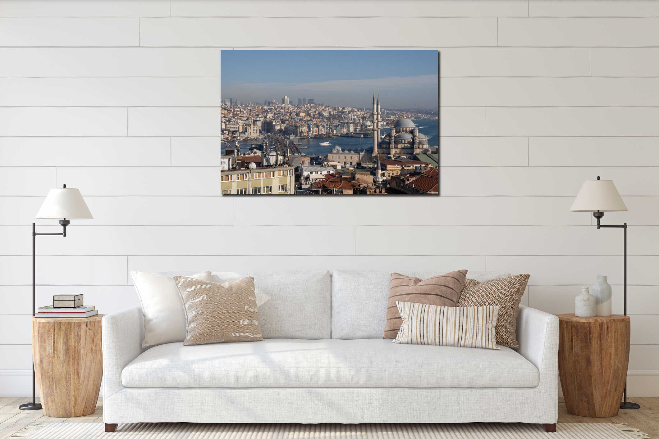 Istanbul Skyline Mosque Panorama: Cityscape view showcasing historical architecture, Bosphorus waterway, and prominent mosques in interior mockup