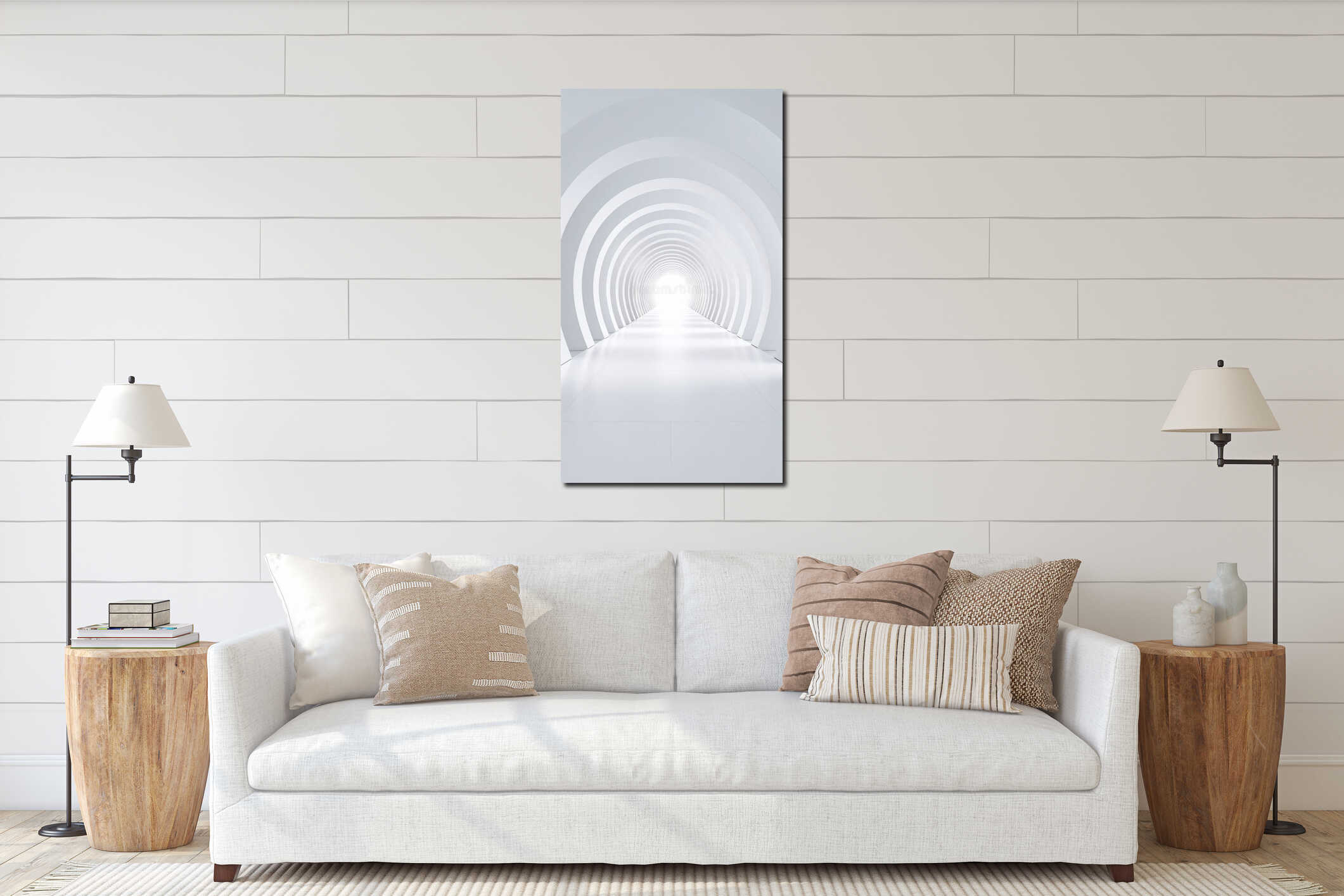 Modern architectural tunnel with bright white light at the end interior mockup