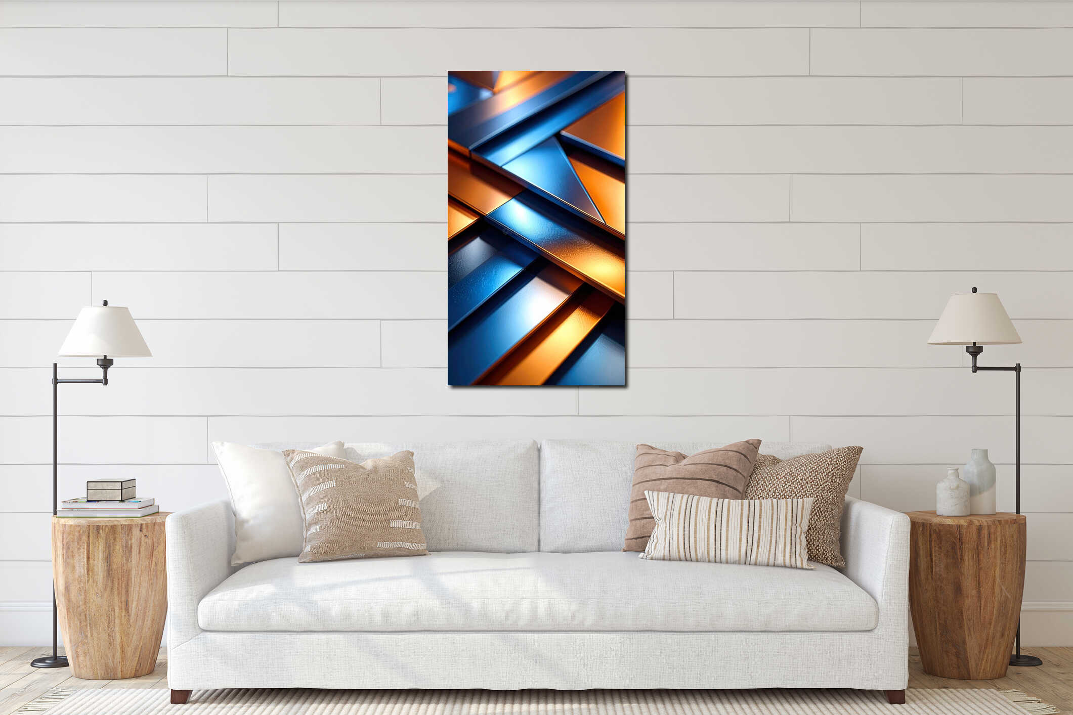 Abstract geometric composition of blue and orange metallic triangles and shapes, modern design interior mockup
