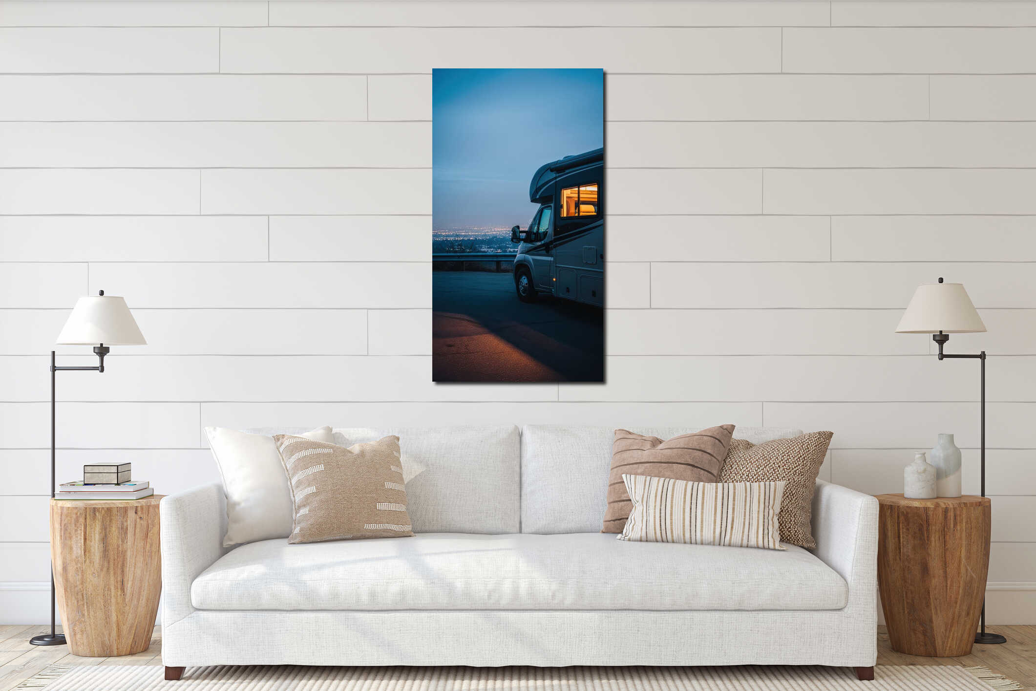 Scenic rv parked at dusk overlooking cityscape with warm interior lights and serene sky interior mockup