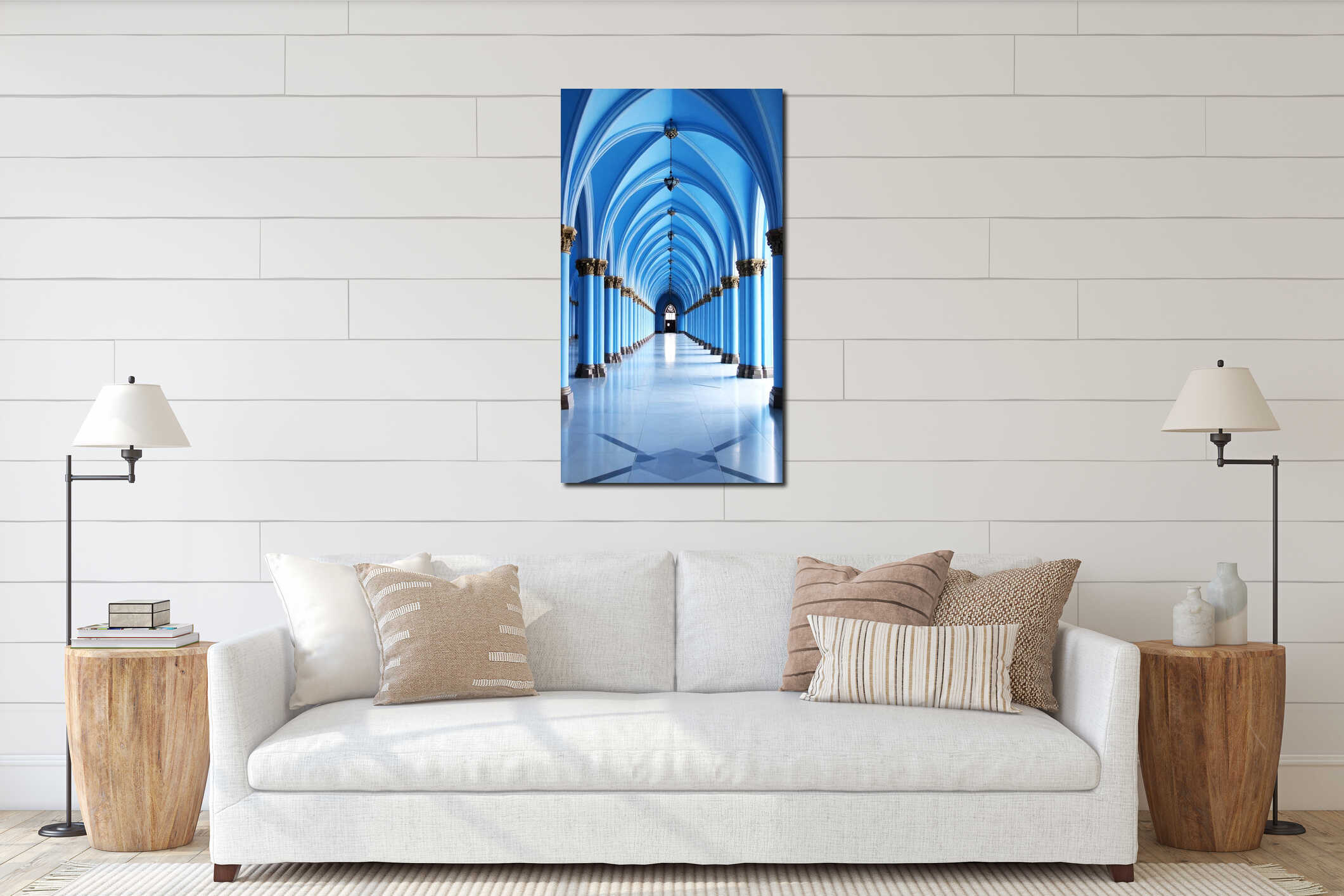 Elegant blue arched hallway perspective with ornate pillars and architectural details interior mockup