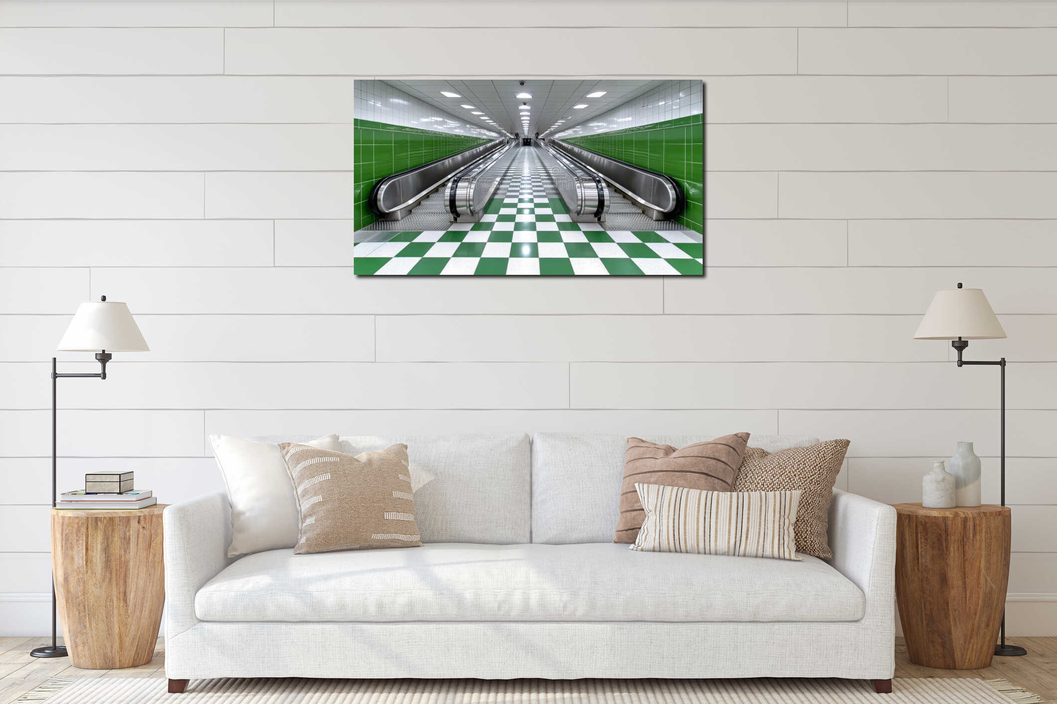 Modern escalators in a green and white tiled underground station interior mockup