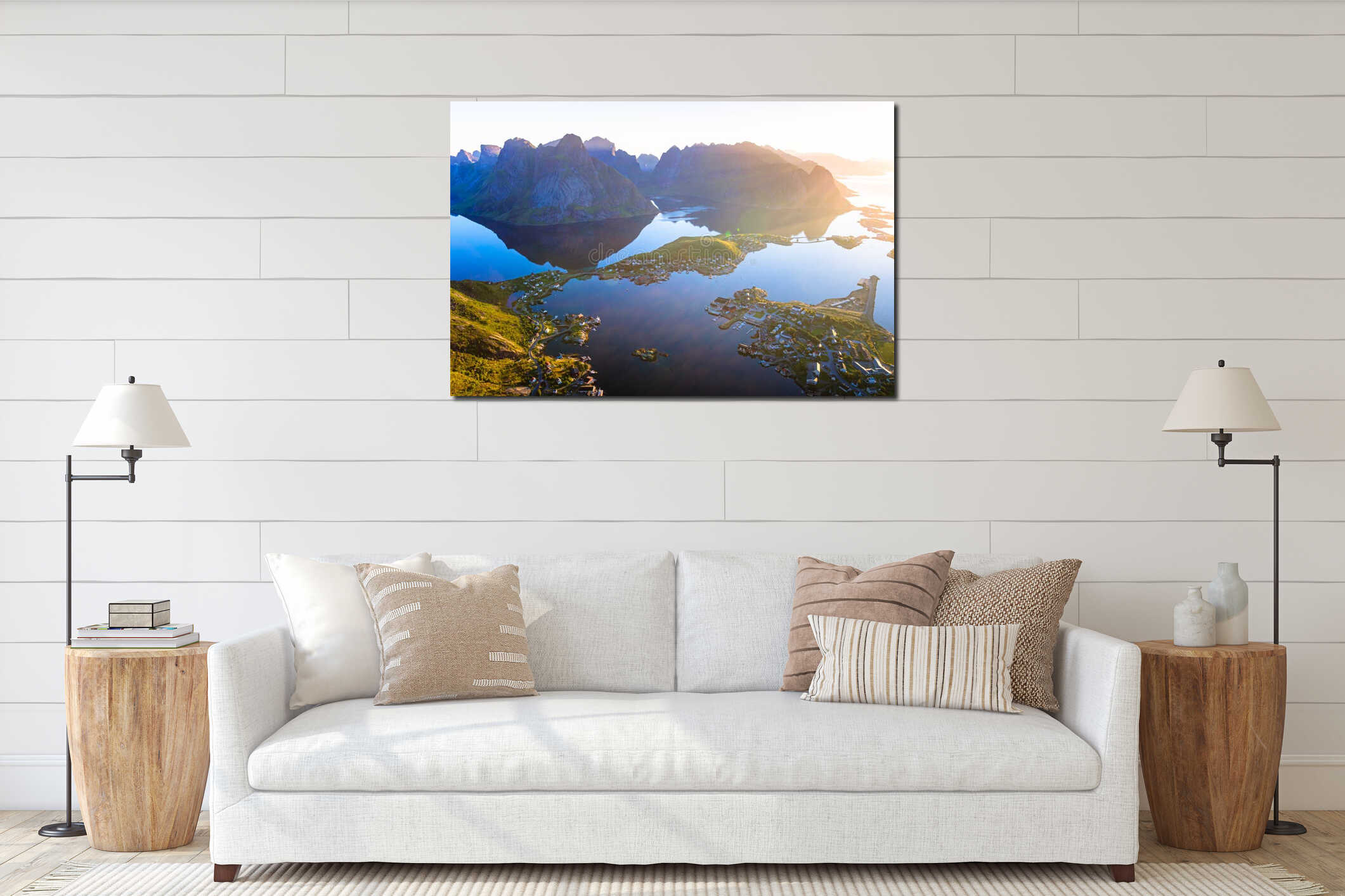Aerial view of Norwegian fjord village with mountains at sunset, Lofoten islands interior mockup