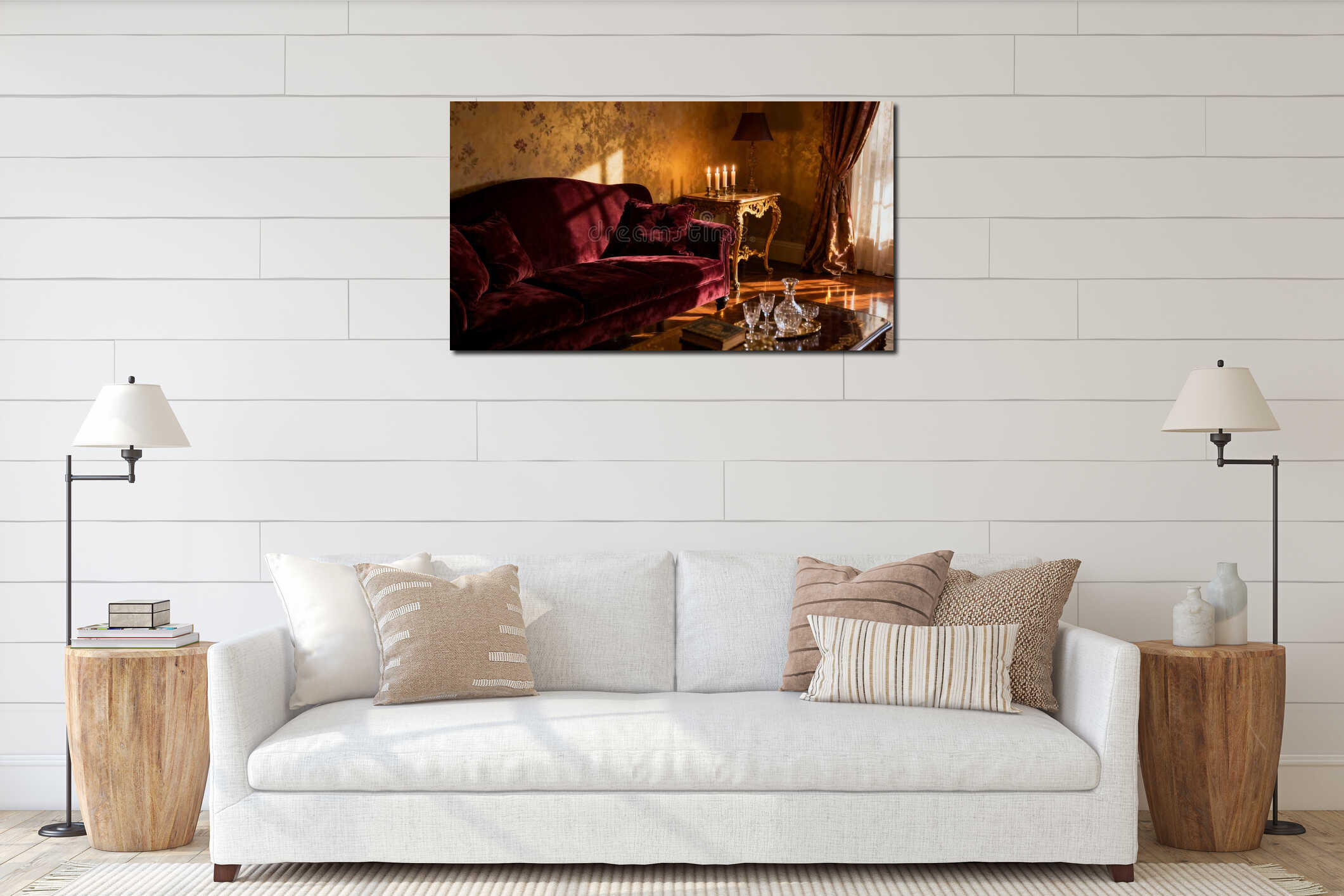 Romantic Vintage Lounge Interior Cozy Evening Warm Elegant Atmosphere with Velvet Sofa interior mockup