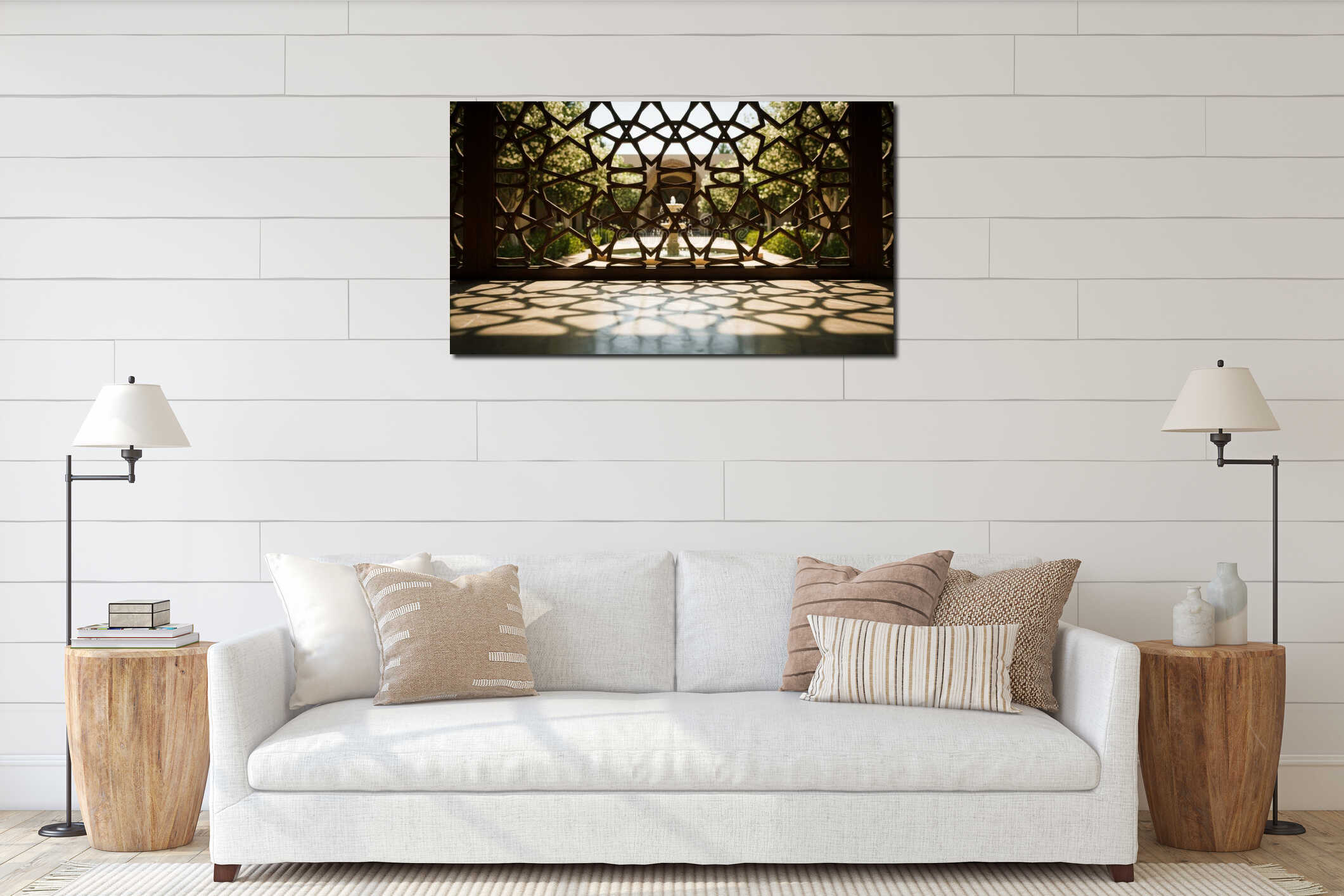 Traditional Islamic Wooden Screen with Star Pattern and Natural Light Shadow Play interior mockup