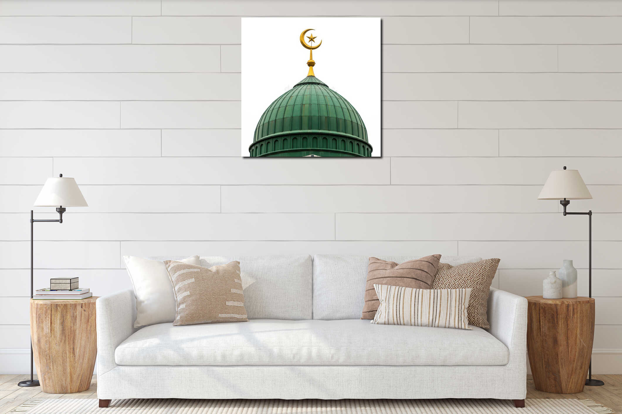 A mosques green dome with a golden crescent and star finial on top interior mockup