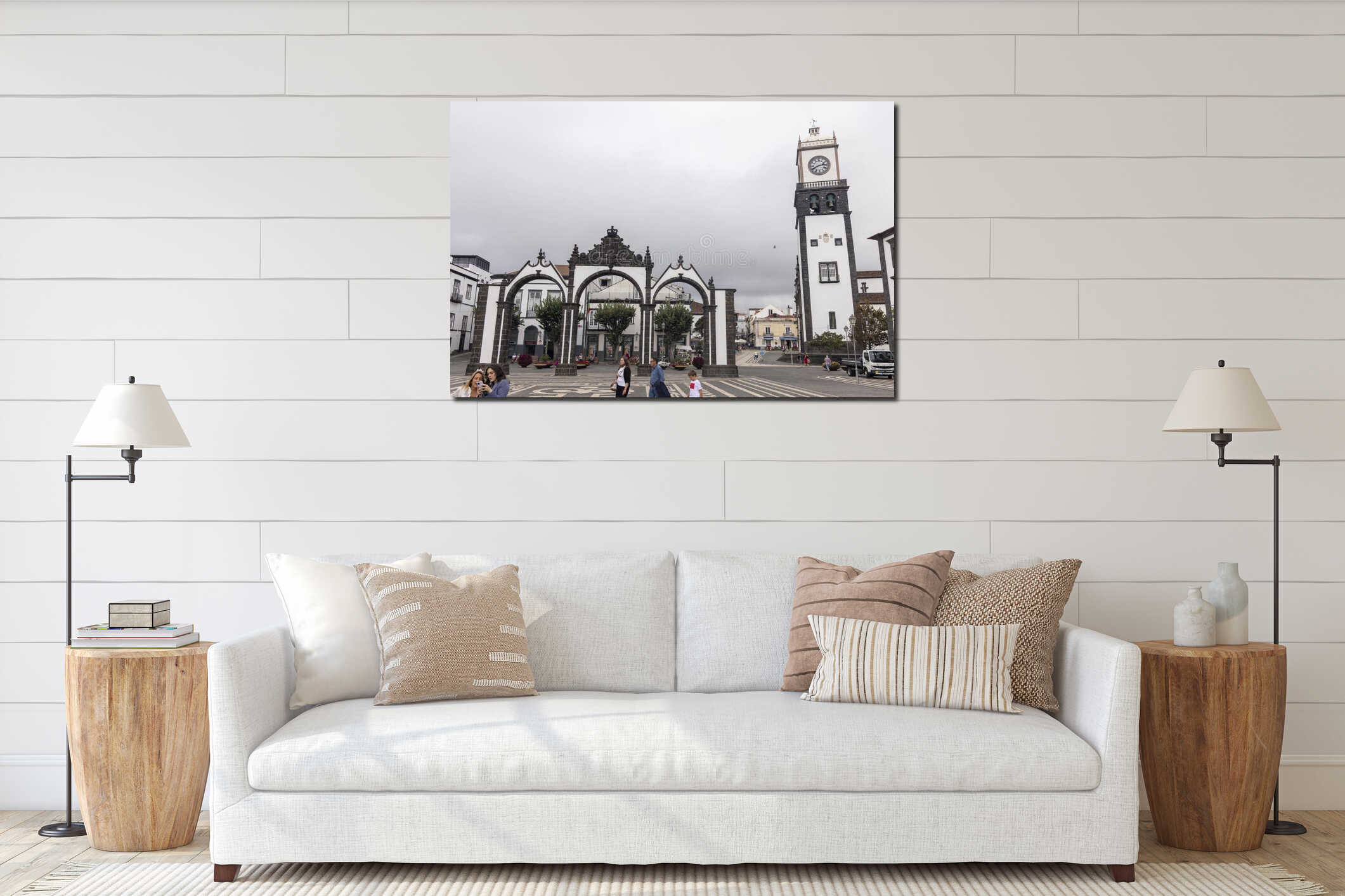A group of people are walking in front of a clock tower interior mockup