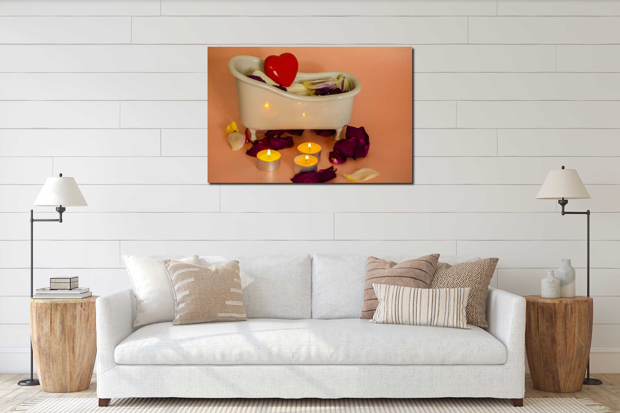 Romantic Spa Bath with Candles, Rose Petals and Heart Decoration interior mockup