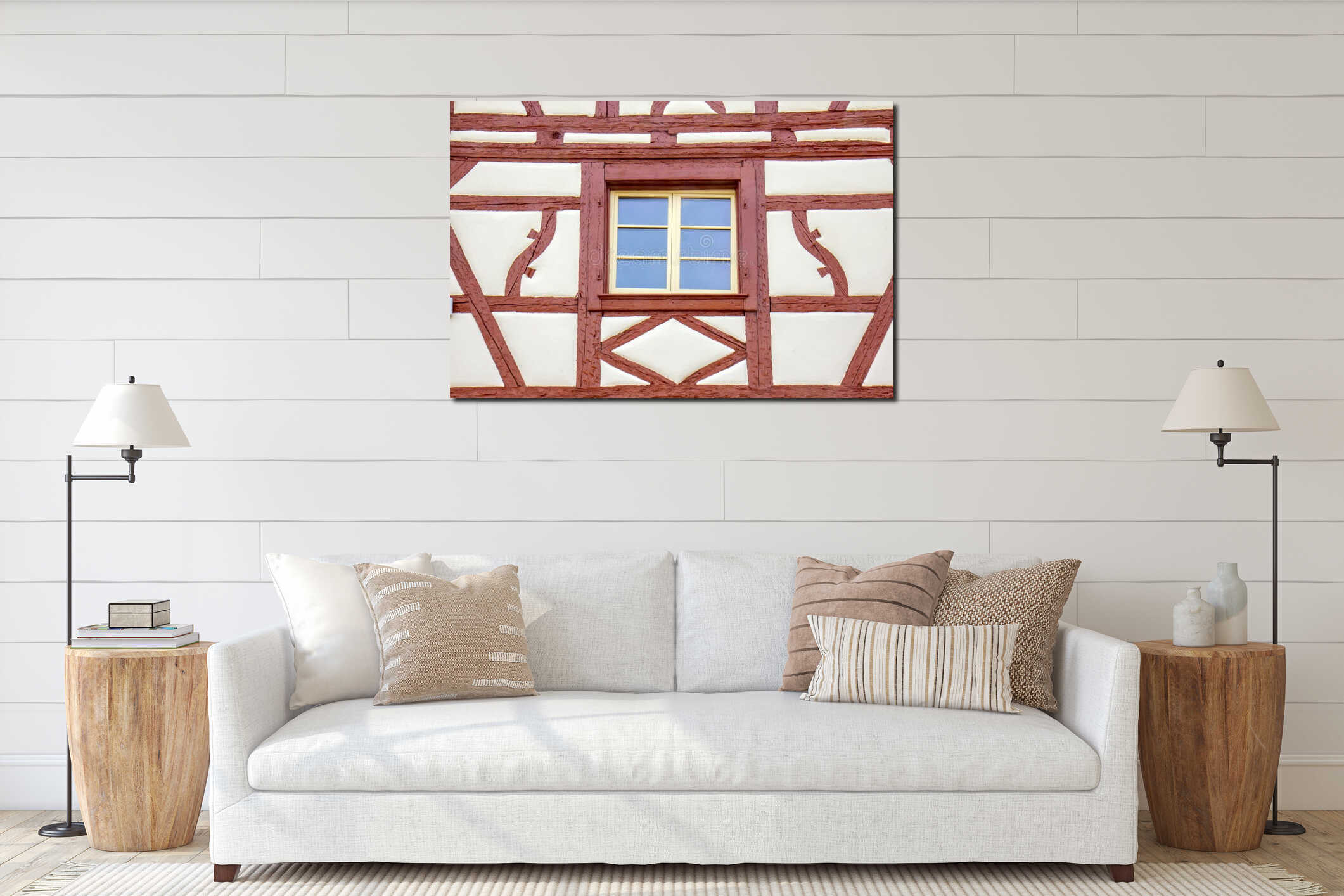 Historic timber framed wall with old window and weathered shutters in traditional Colmar architecture interior mockup