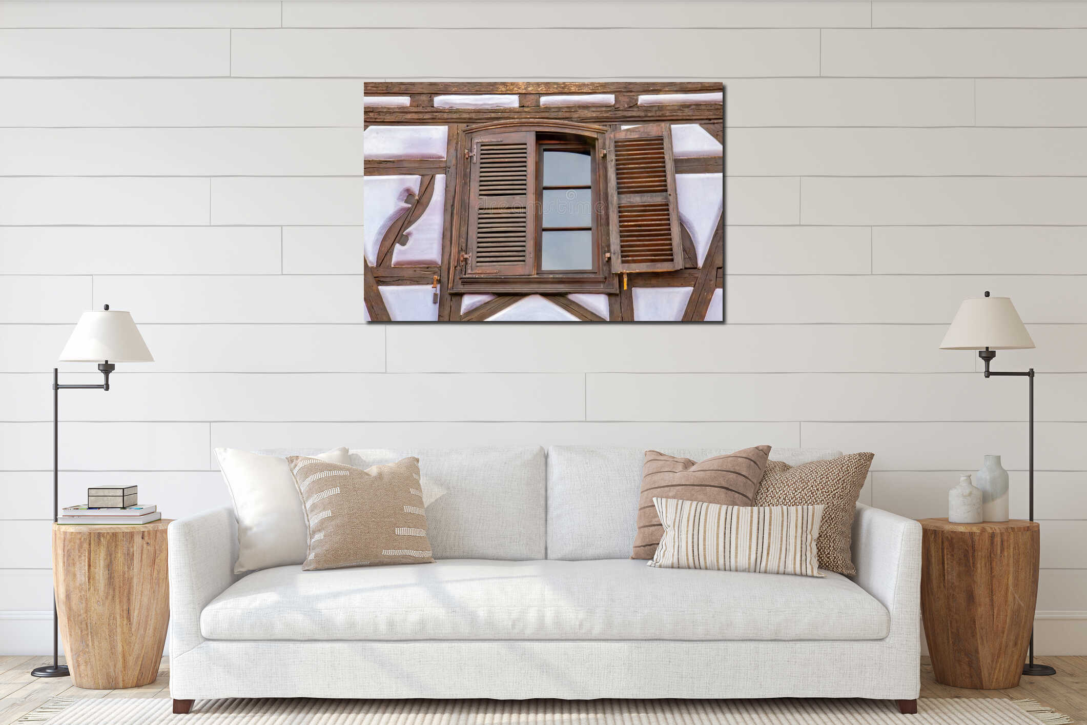 Historic timber framed wall with old window and weathered shutters in traditional Colmar architecture interior mockup
