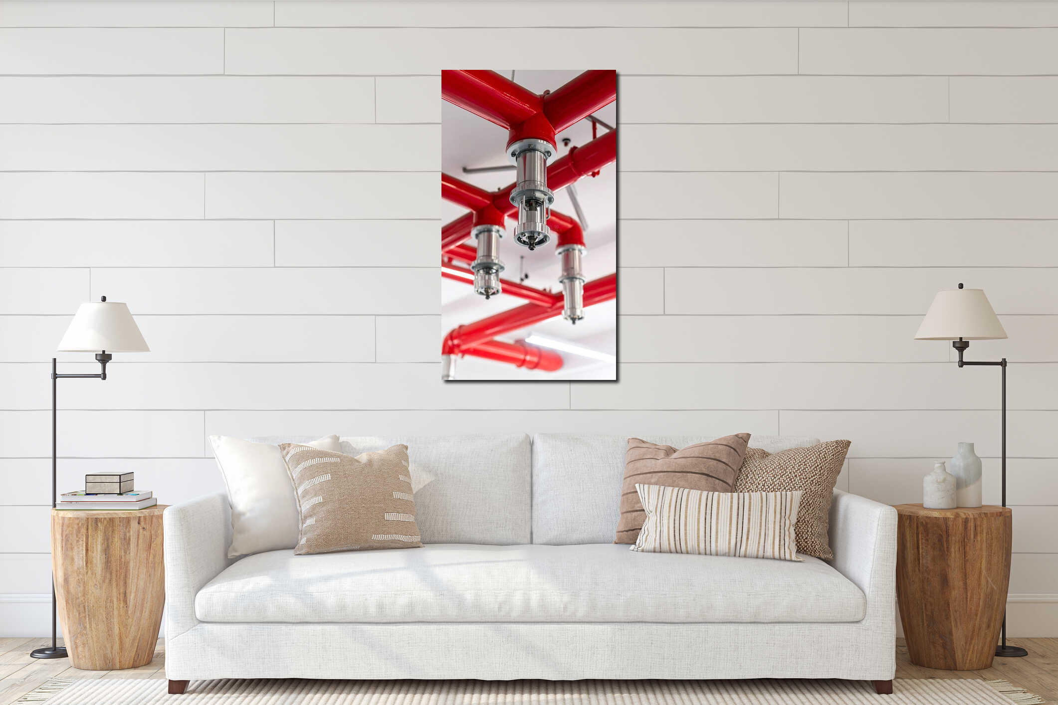 Red industrial pipes and metallic sprinkler heads on white ceiling interior mockup