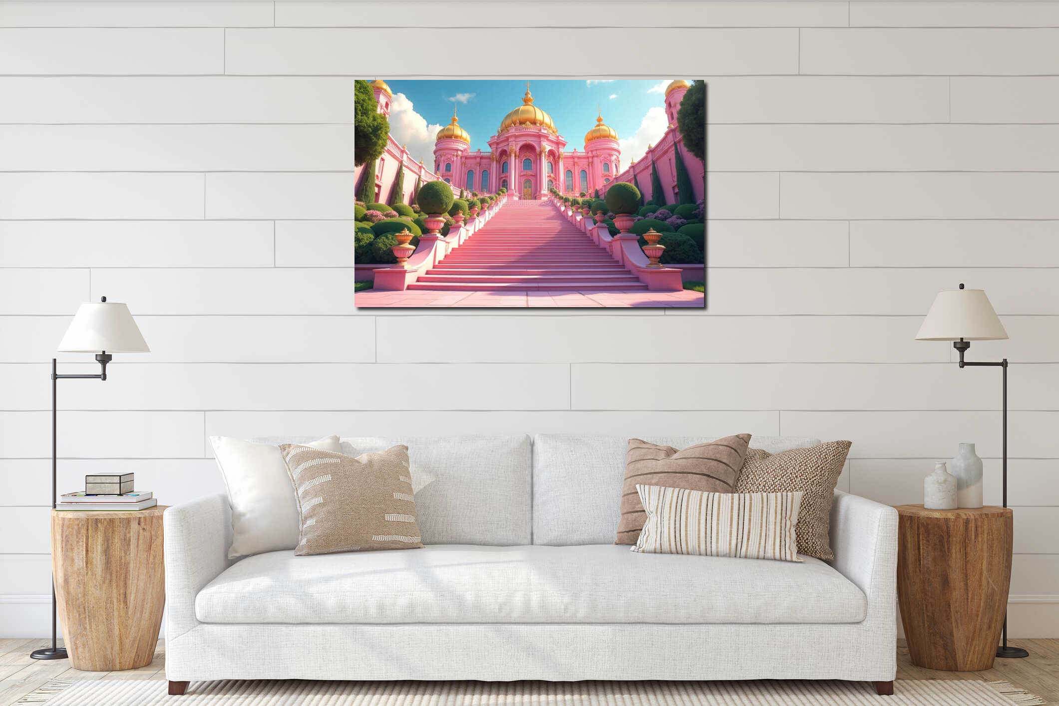 Grand pink palace with golden domes and grand staircase. Rich topiaries and manicured gardens surround this fairytale interior mockup