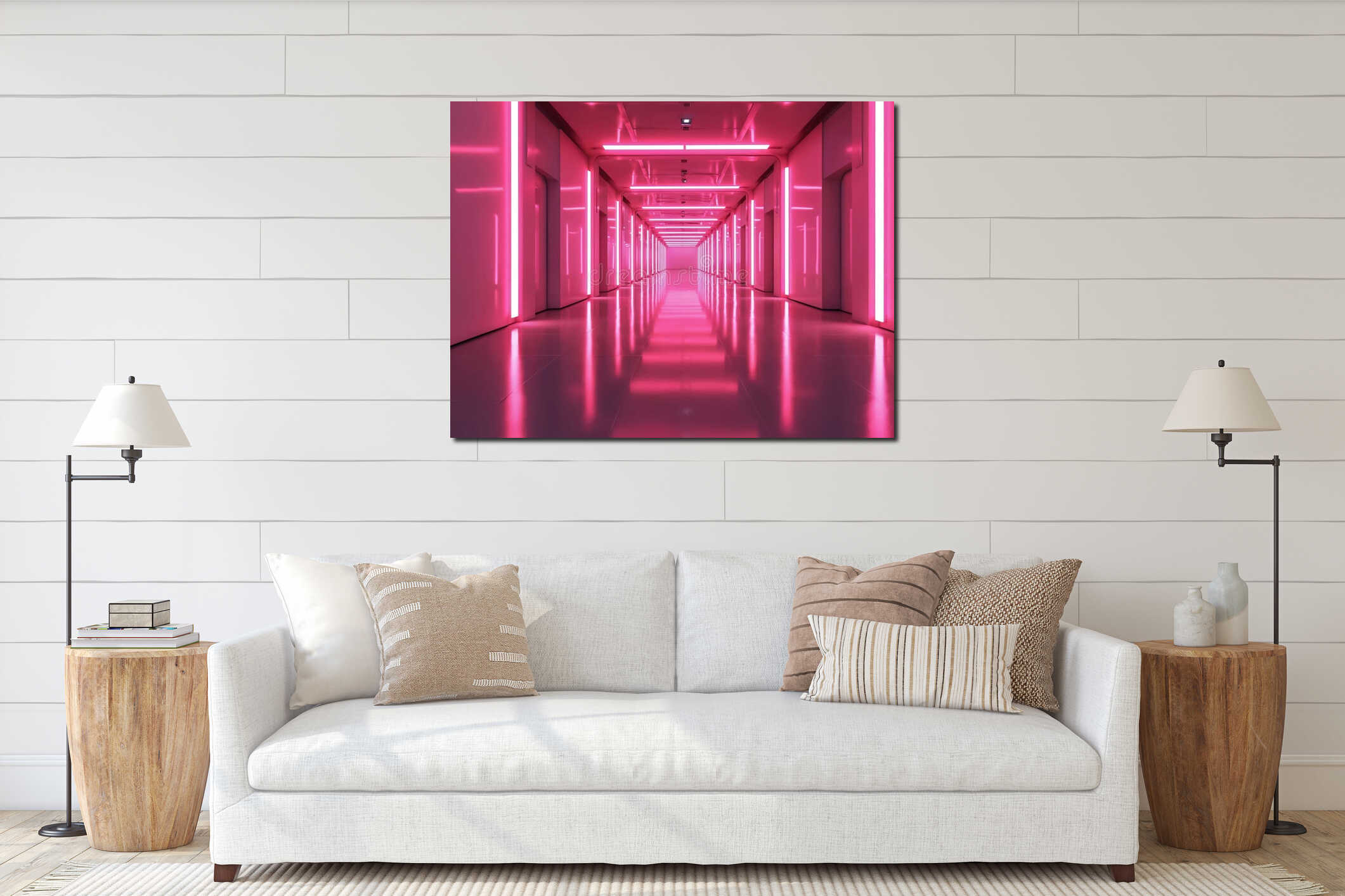 Long futuristic pink neon corridor with reflective floor and walls. Smooth bright lights line the hallway creating a modern clean interior mockup