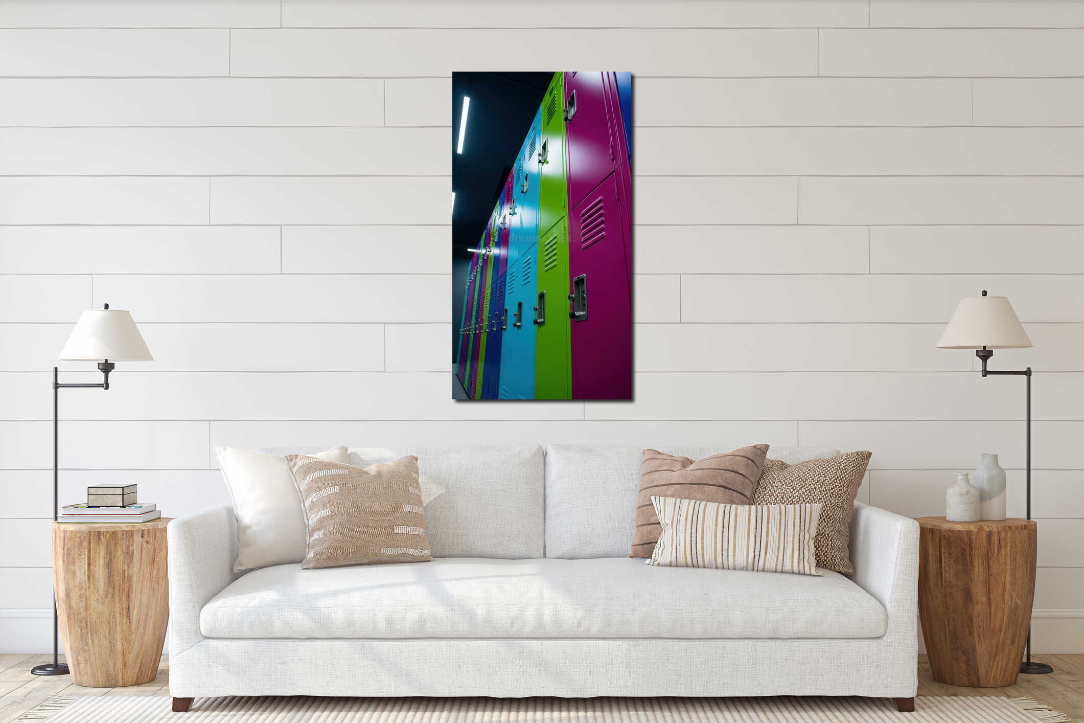 Colorful school lockers in empty hallway with bright neon lights at night featuring blue, pink, and green patterns interior mockup