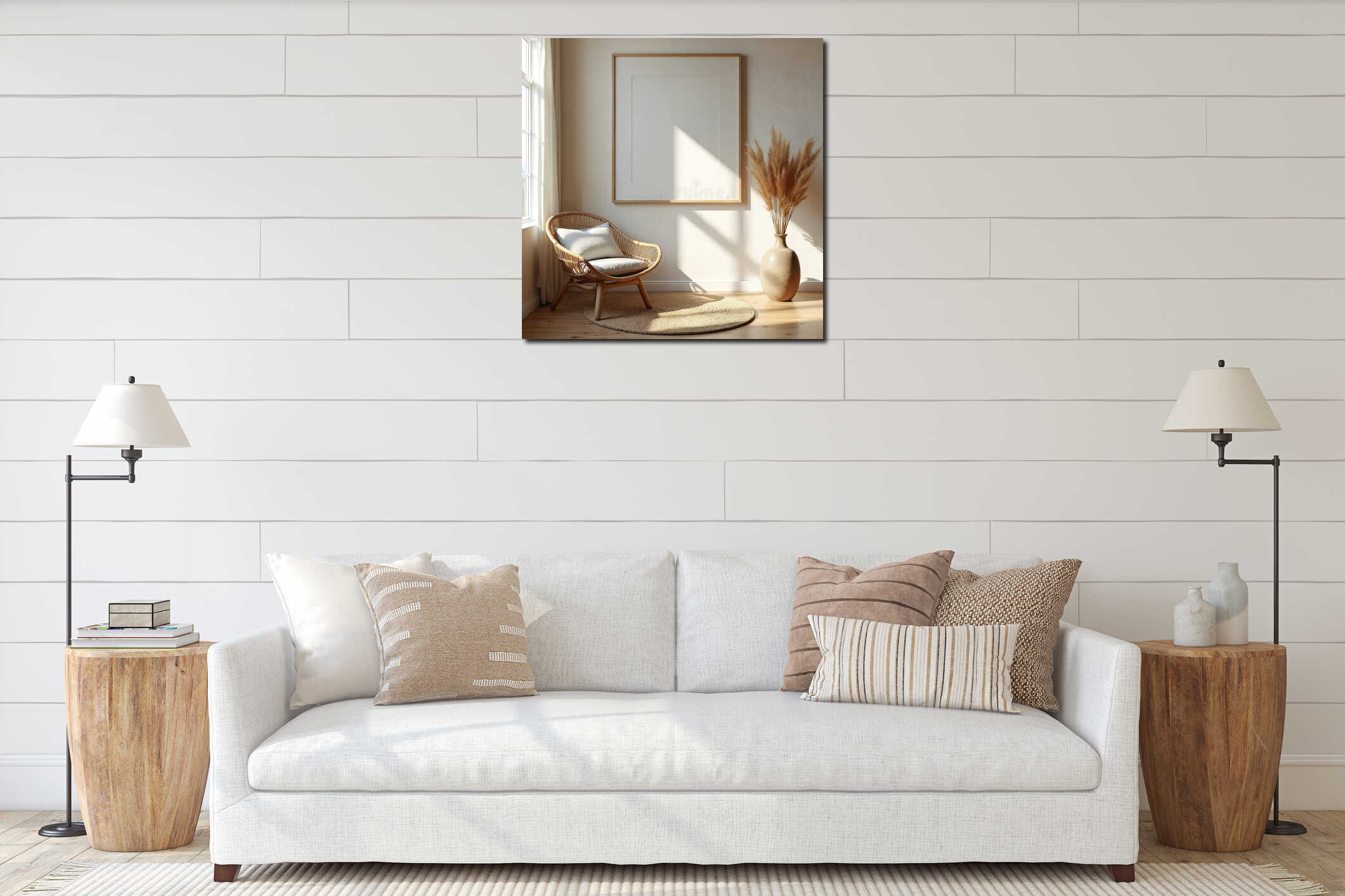 Interior room mockup with empty frame on wall. Wicker chair sits on round rug near vase with dried reeds. Bright window light interior mockup