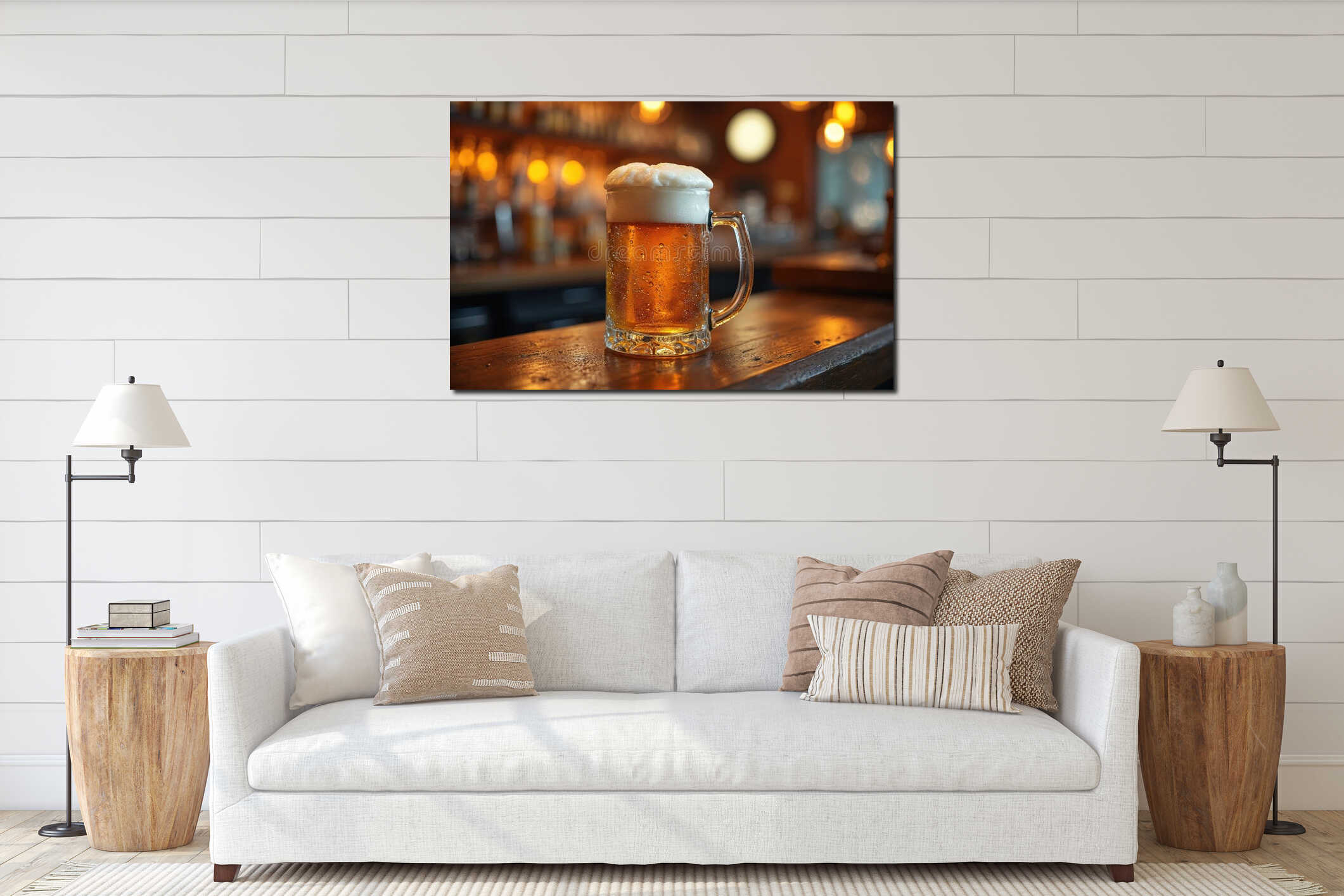 Glass beer mug filled with amber lager, topped with frothy white foam. Condensation beads form on the cool glass. Background interior mockup
