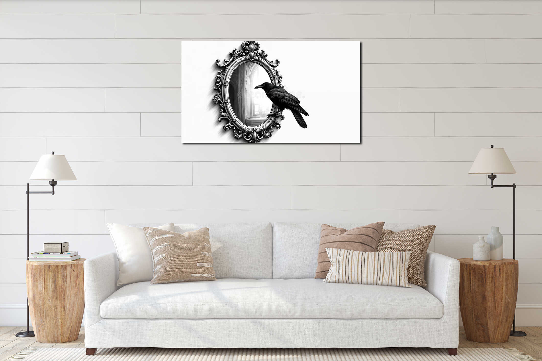 Black raven sits on ornate antique mirror frame. Illustration shows vintage gothic style bird and decor. Monochrome line art interior mockup