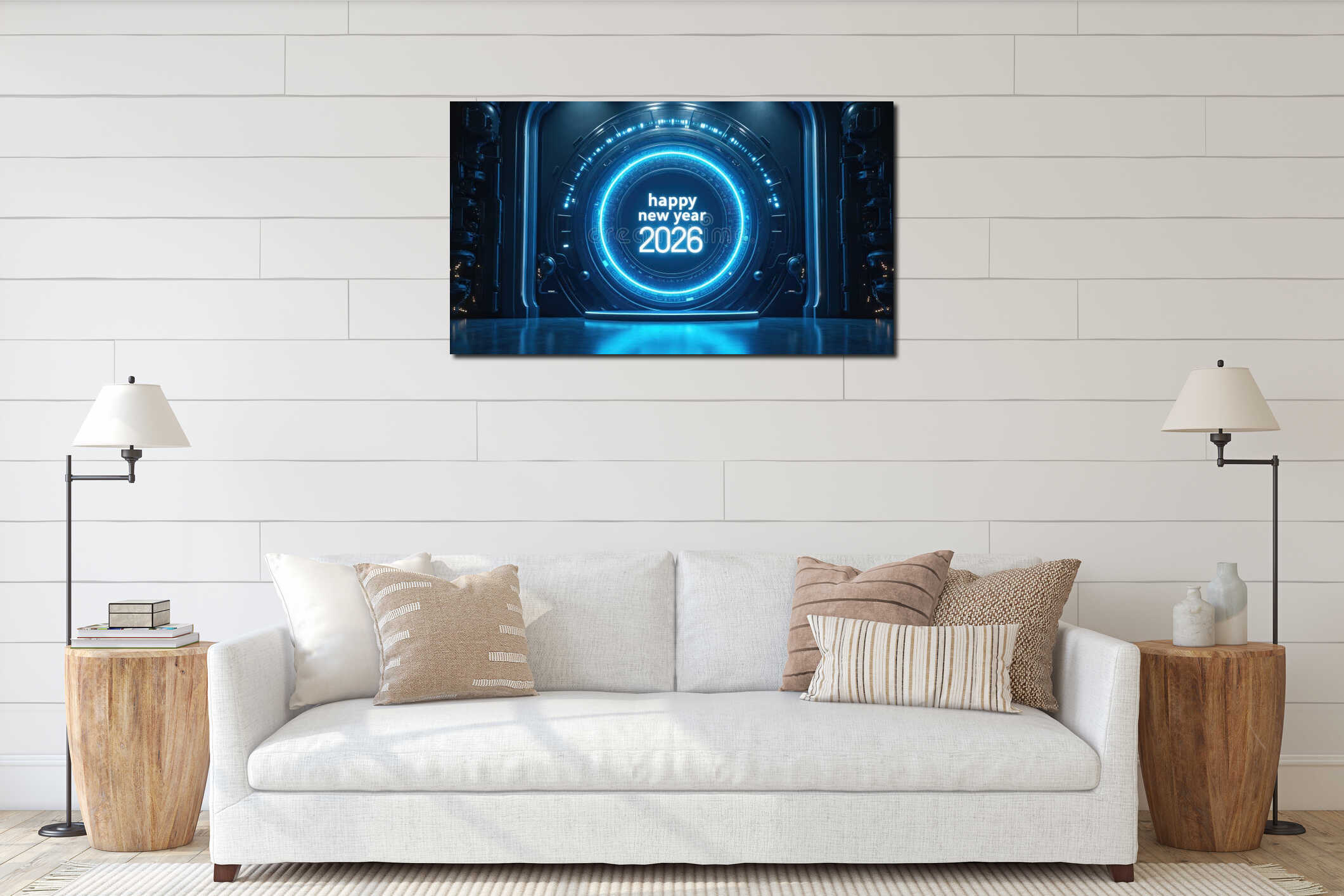 Futuristic digital portal shows happy new year 2026. Bright blue neon ring glows on dark stage with tech details. Modern interior mockup