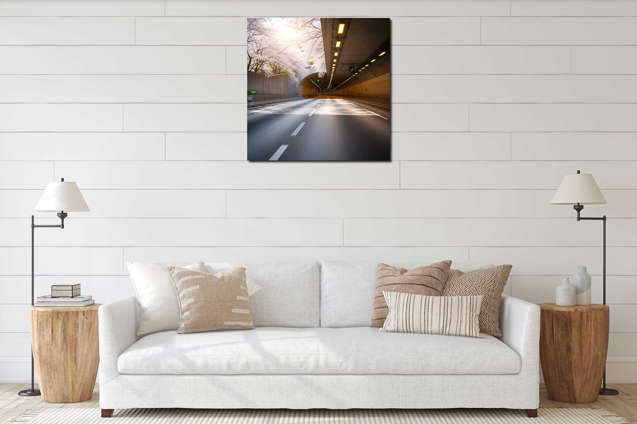 Bright spring sunlight streams onto an empty highway leading toward a dark urban road tunnel entrance interior mockup