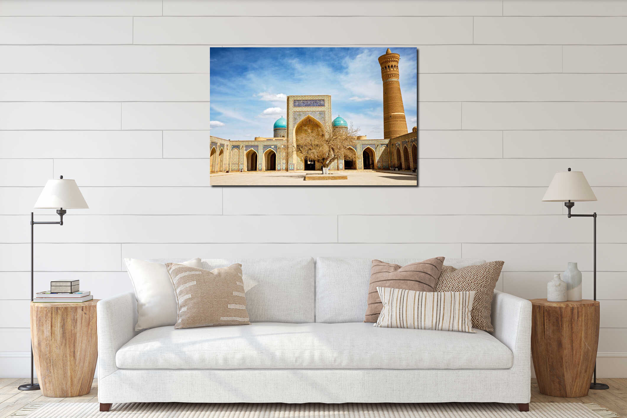 Poi Kalyan complex in Bukhara, Uzbekistan, with Kalyan Mosque, Mir-i-Arab Madrasa and iconic minaret under blue sky interior mockup