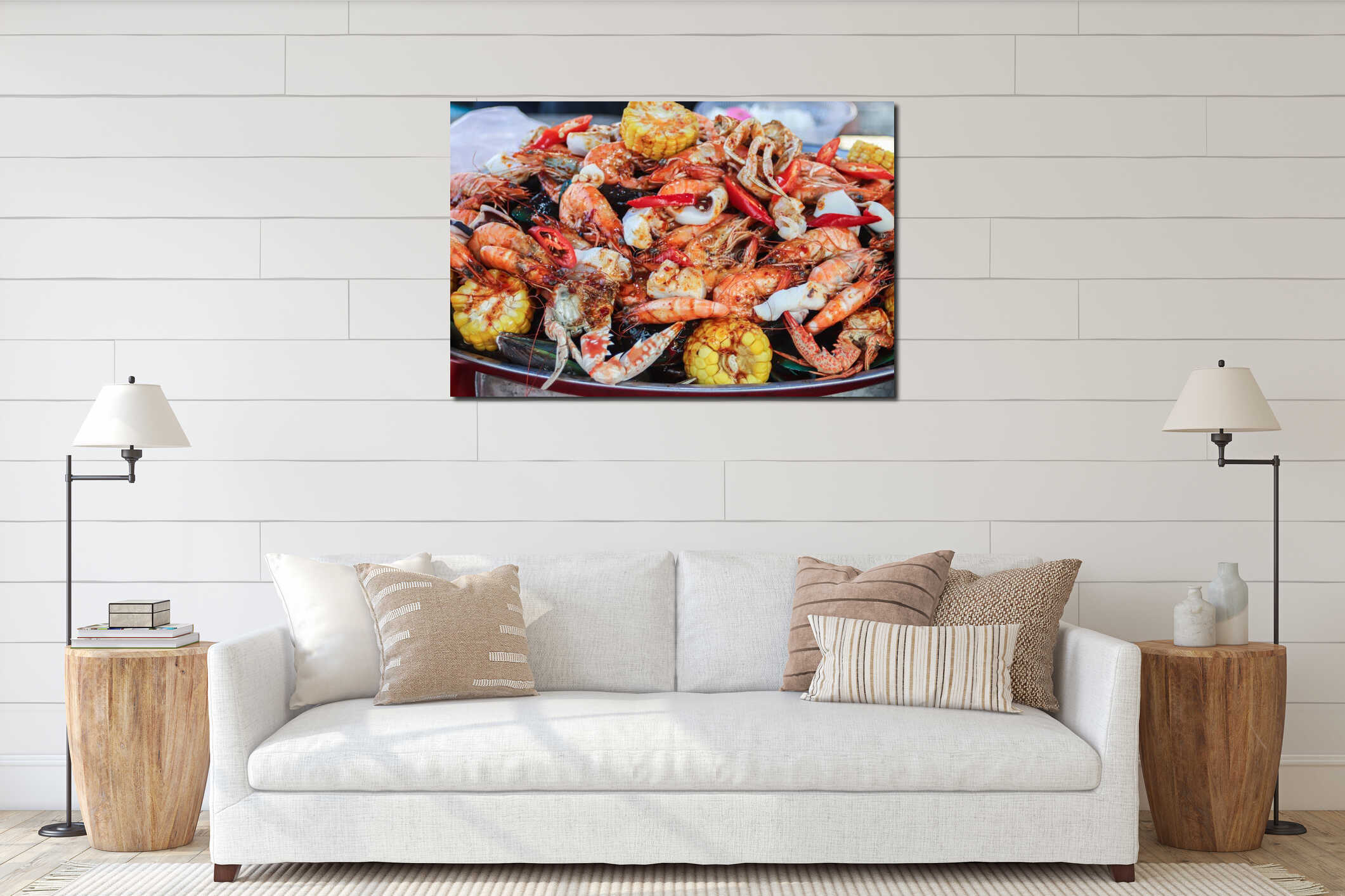 Spicy Thai seafood platter with shrimp, crab, and corn. Vibrant street food background for culinary and travel marketing. interior mockup