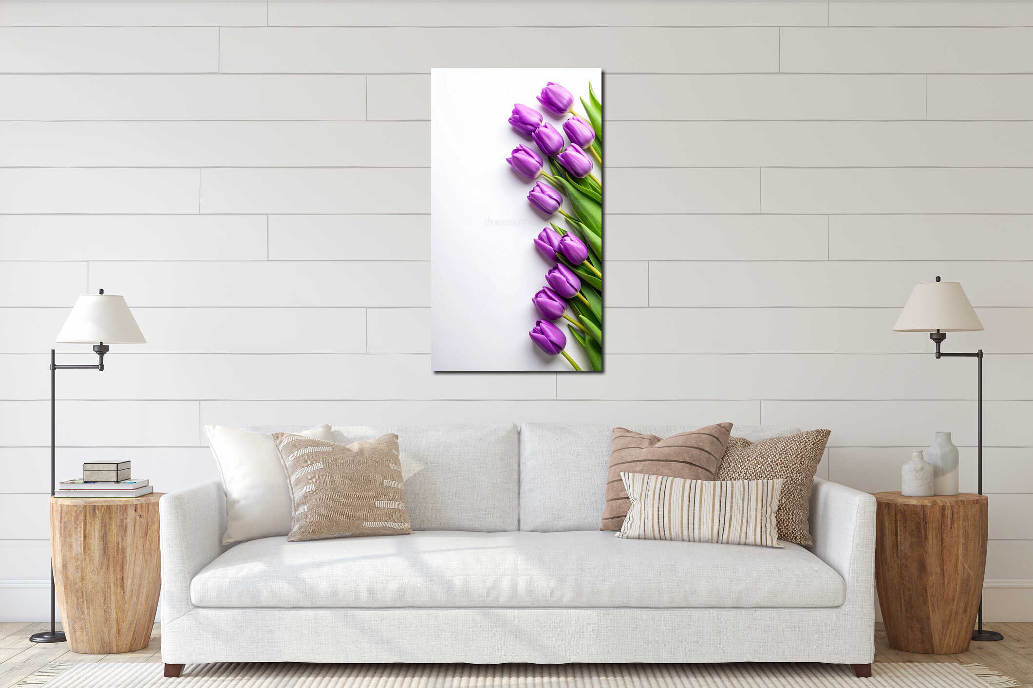Vibrant purple tulips arranged diagonally on a white background, overhead view. interior mockup