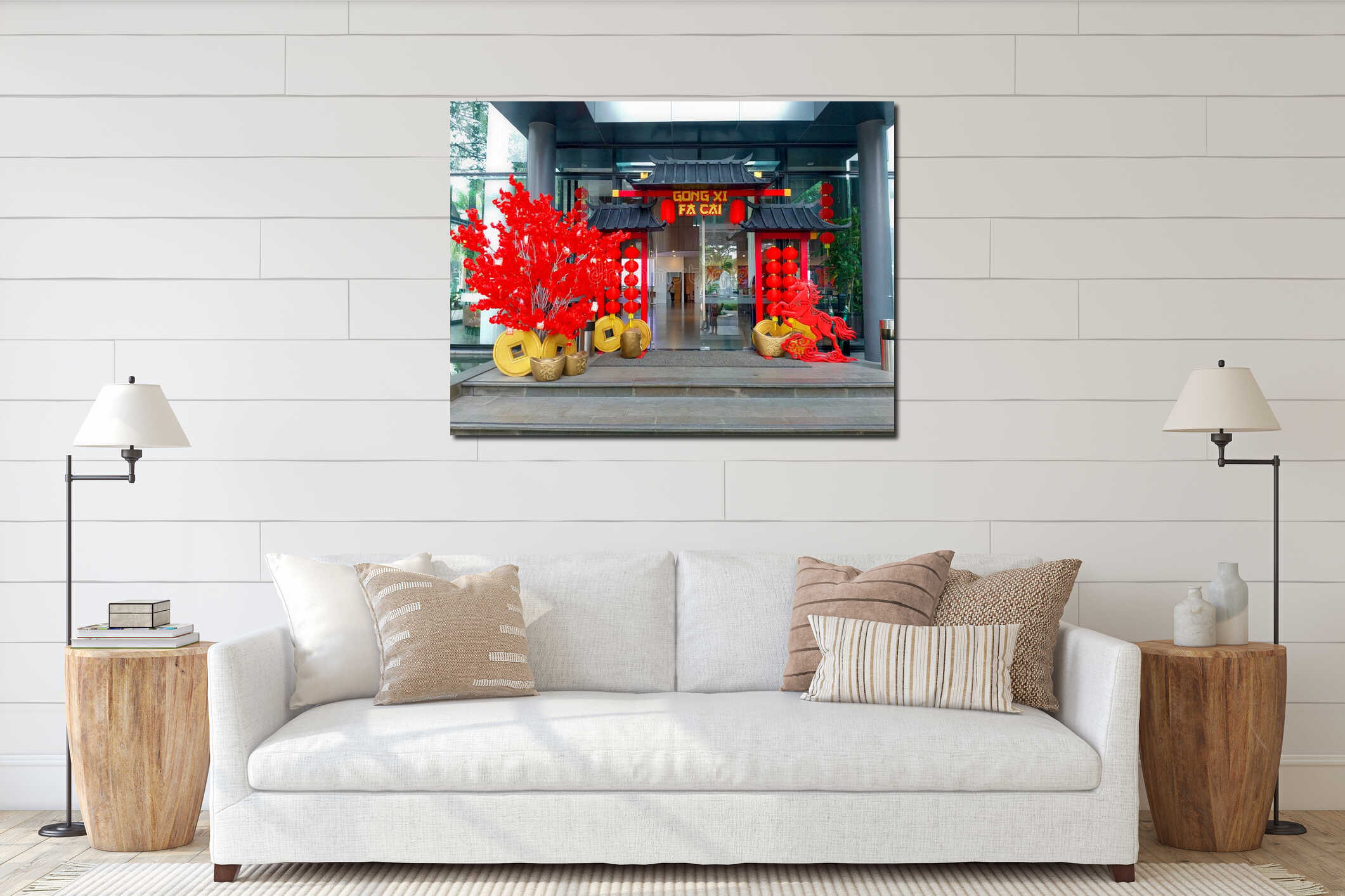 Vibrant Chinese New Year Decorations at Modern Building Entrance interior mockup